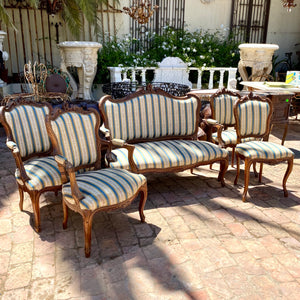 Antique Carved Walnut Saloon Set with Striped Upholstery