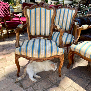 Antique Carved Walnut Saloon Set with Striped Upholstery