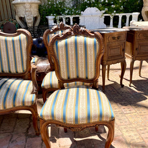 Antique Carved Walnut Saloon Set with Striped Upholstery