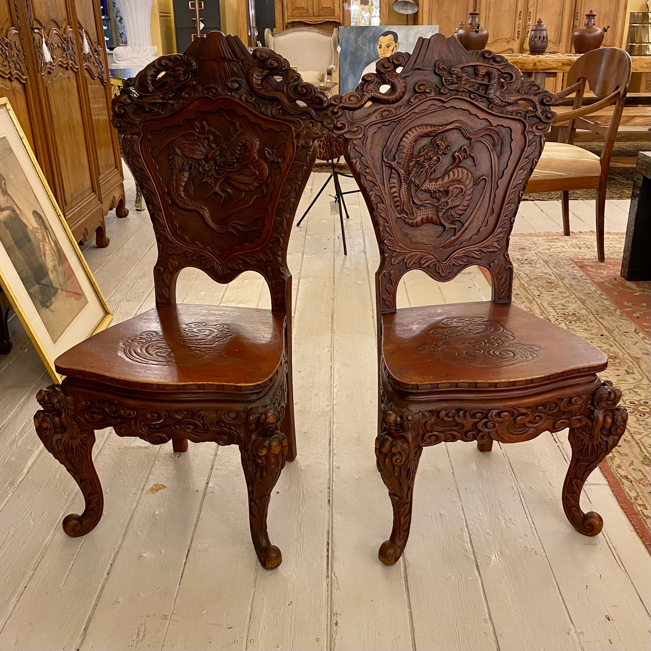 Pair of Antique Hand Carved Asian Chairs