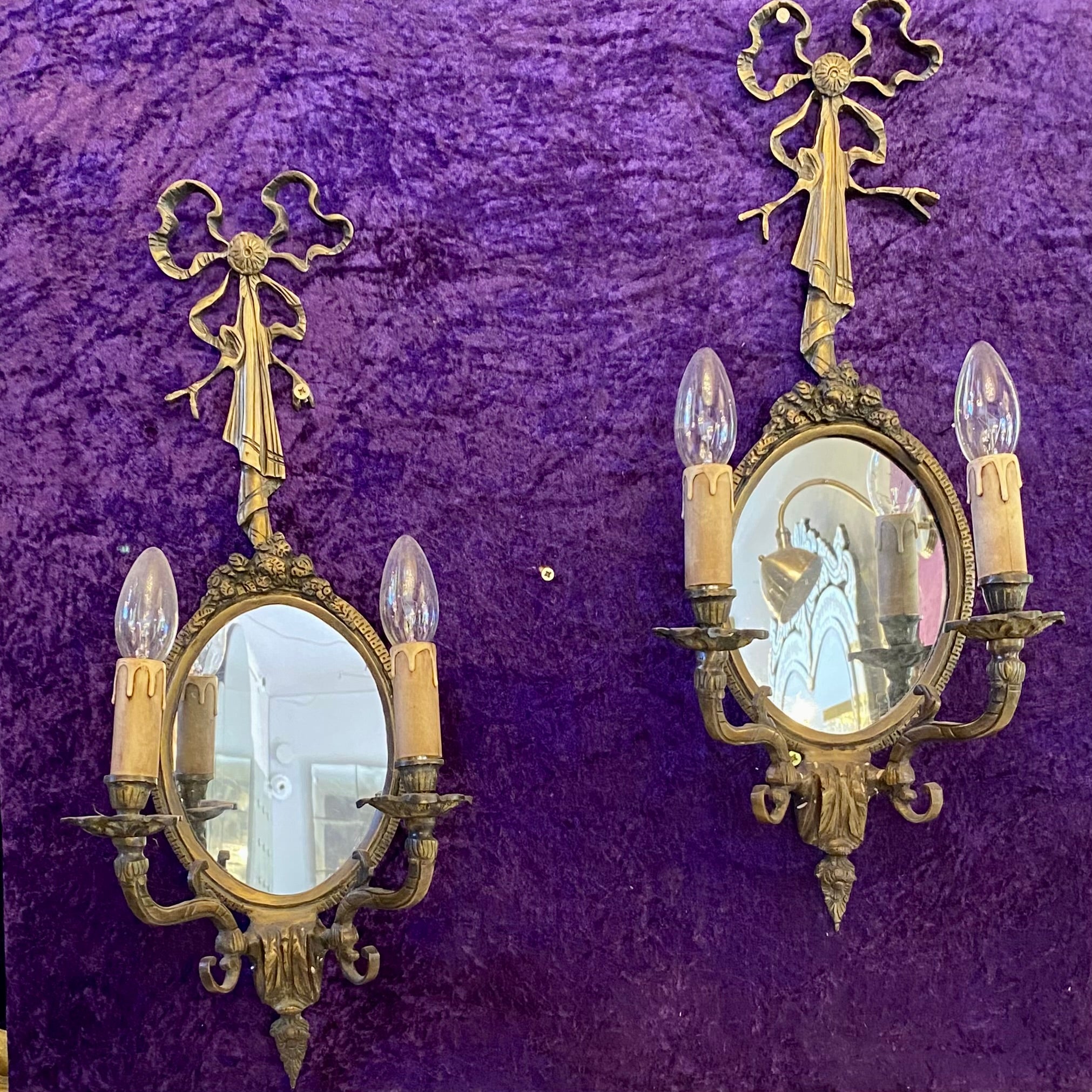 Antique Brass Mirrored Sconces - SOLD