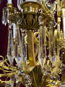 Very Large Brass and Crystal Chandelier with Leafy Details - SOLD