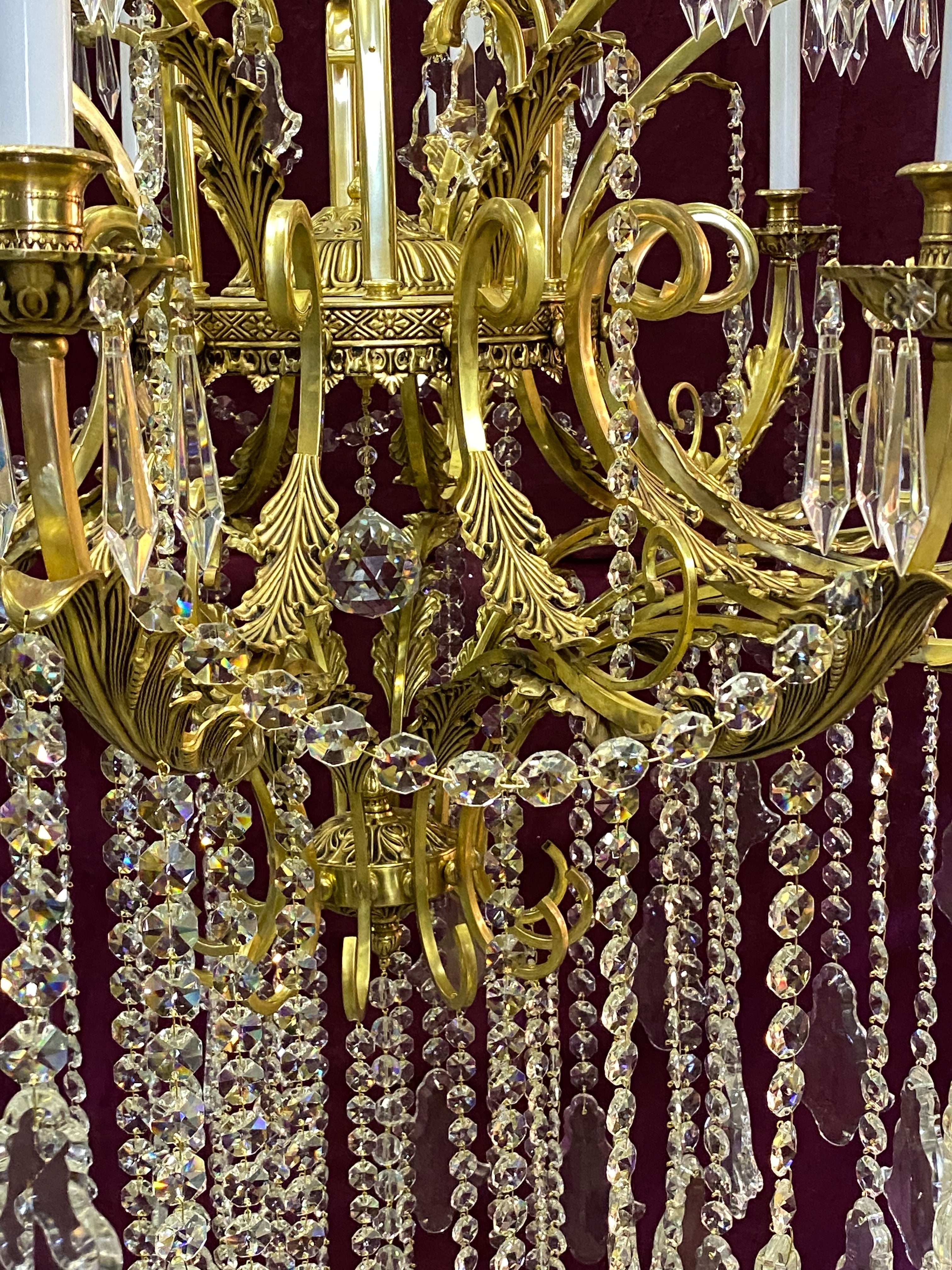 Very Large Brass and Crystal Chandelier with Leafy Details