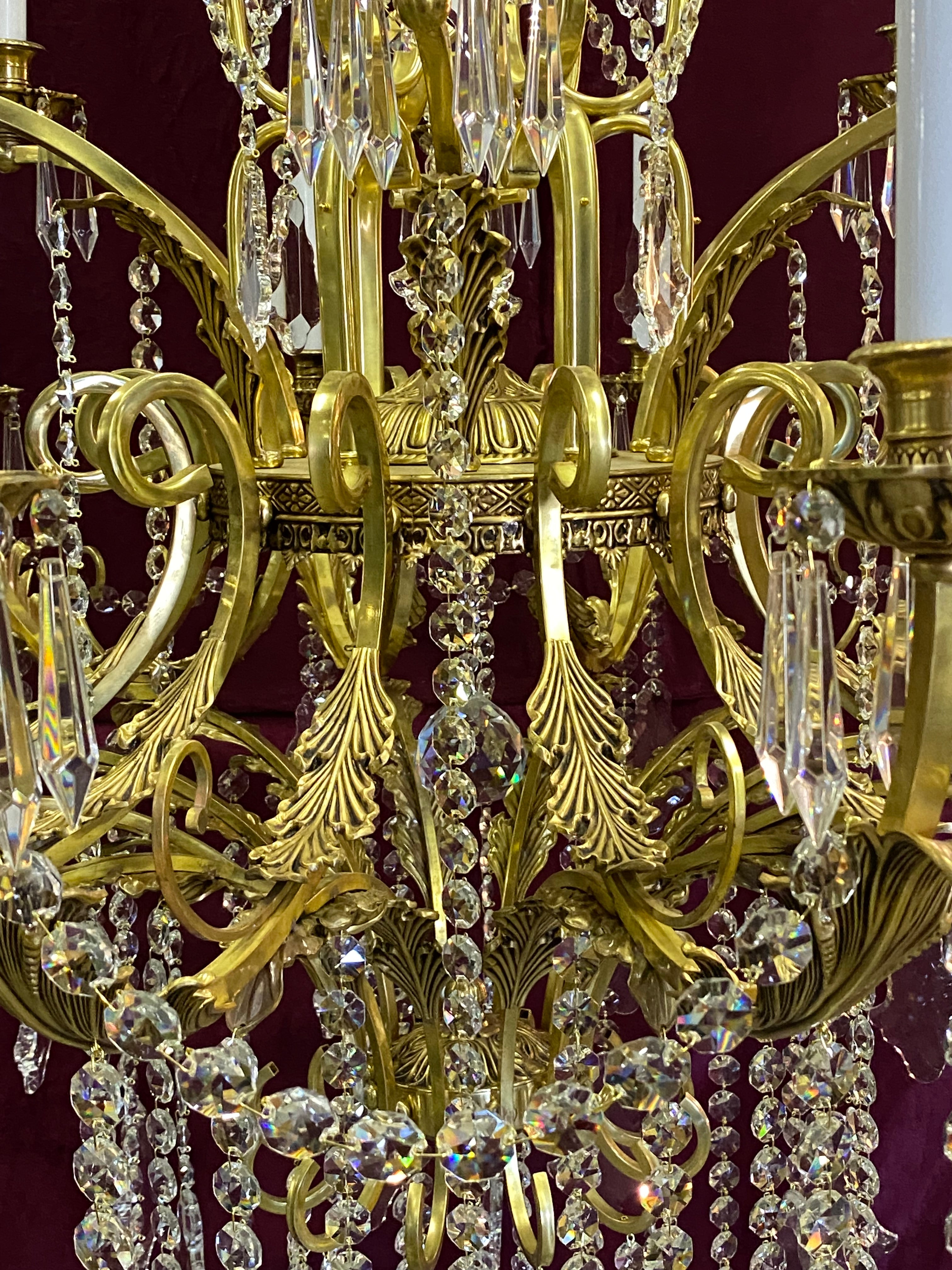 Very Large Brass and Crystal Chandelier with Leafy Details