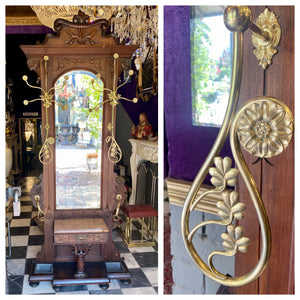 Antique Mahogany Hall Stand with Unusual Brass Hooks & Marble Top