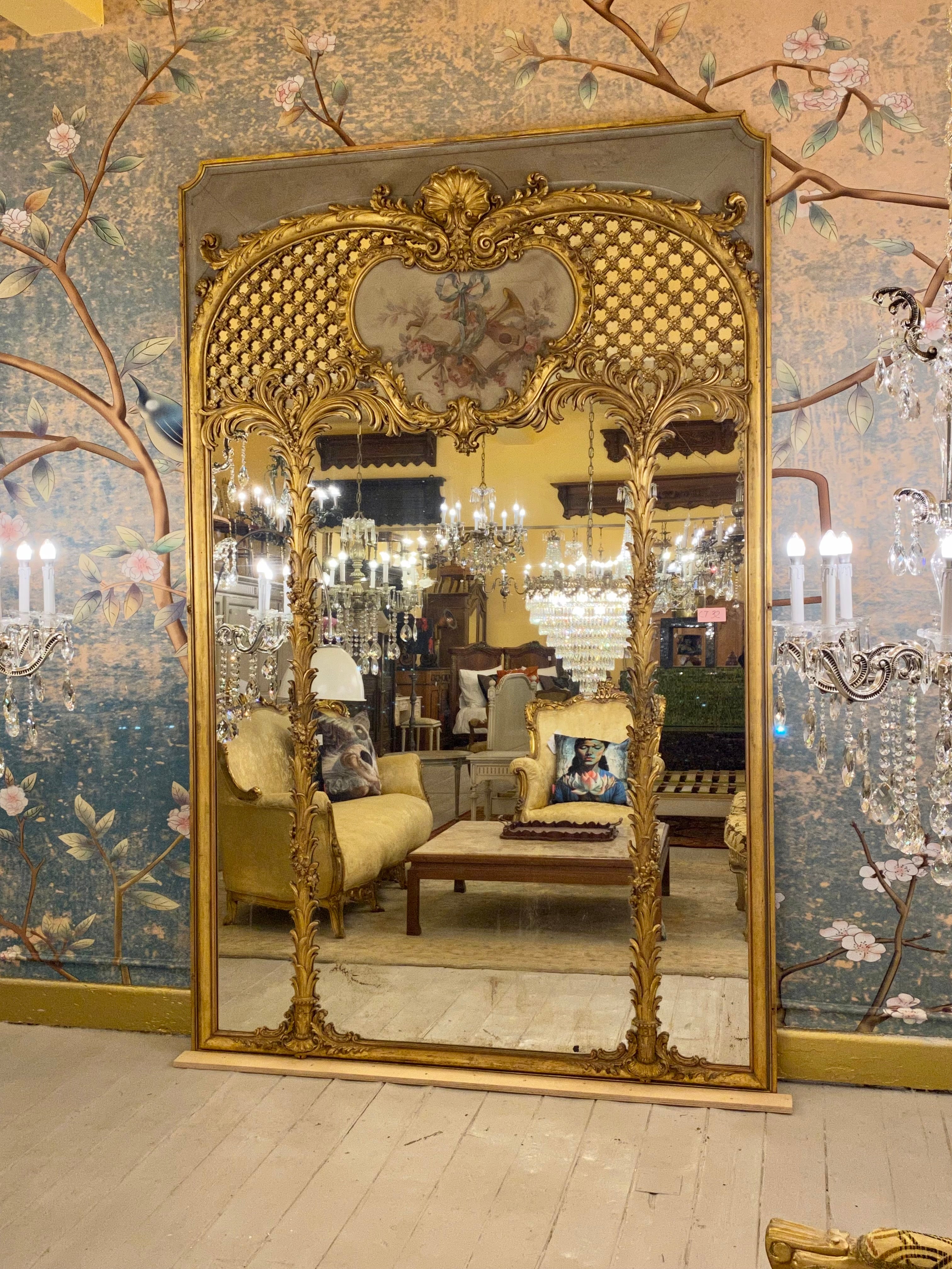 Antique French Trumeau Mirror with Gilt Details