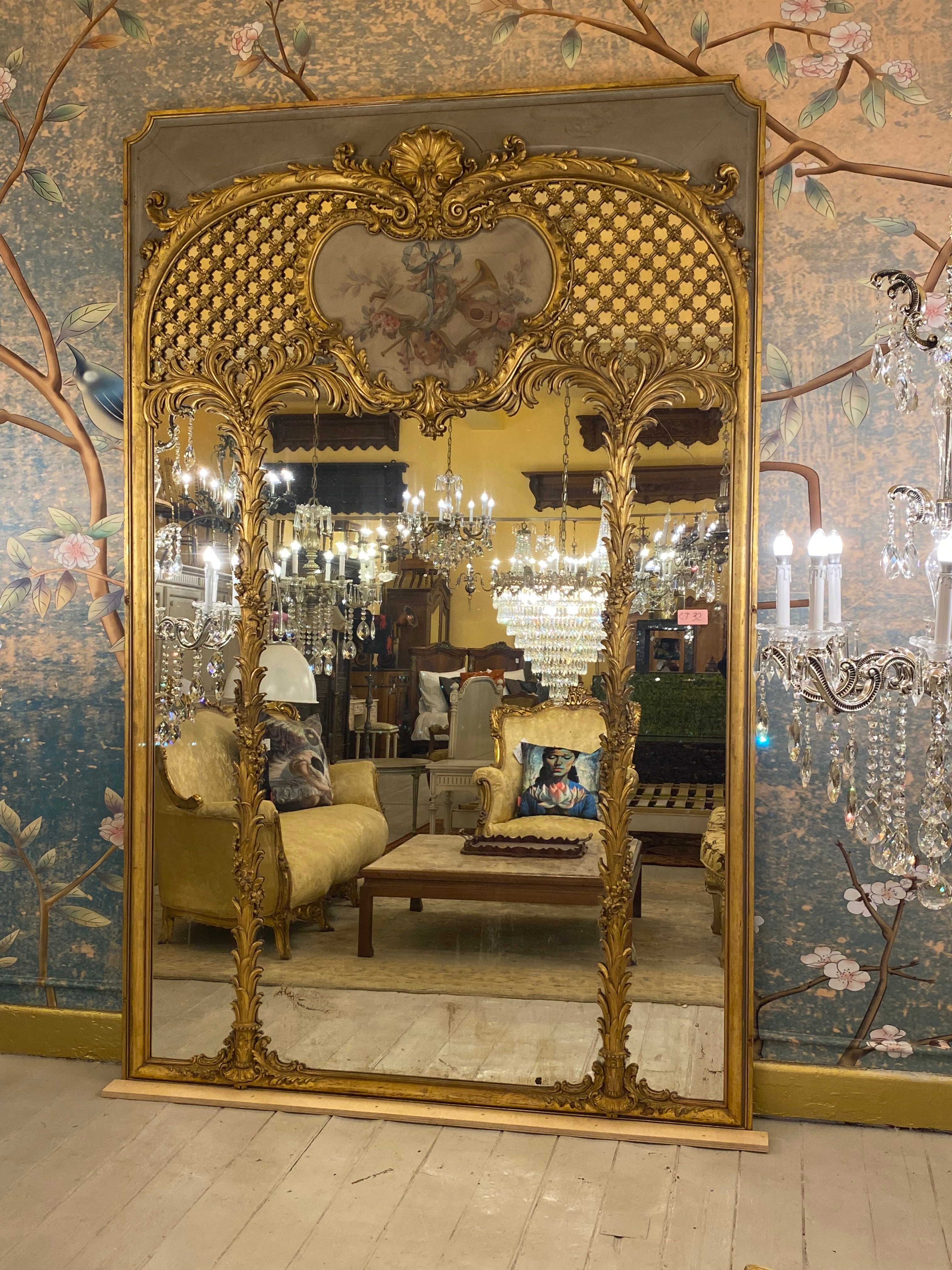 Antique French Trumeau Mirror with Gilt Details