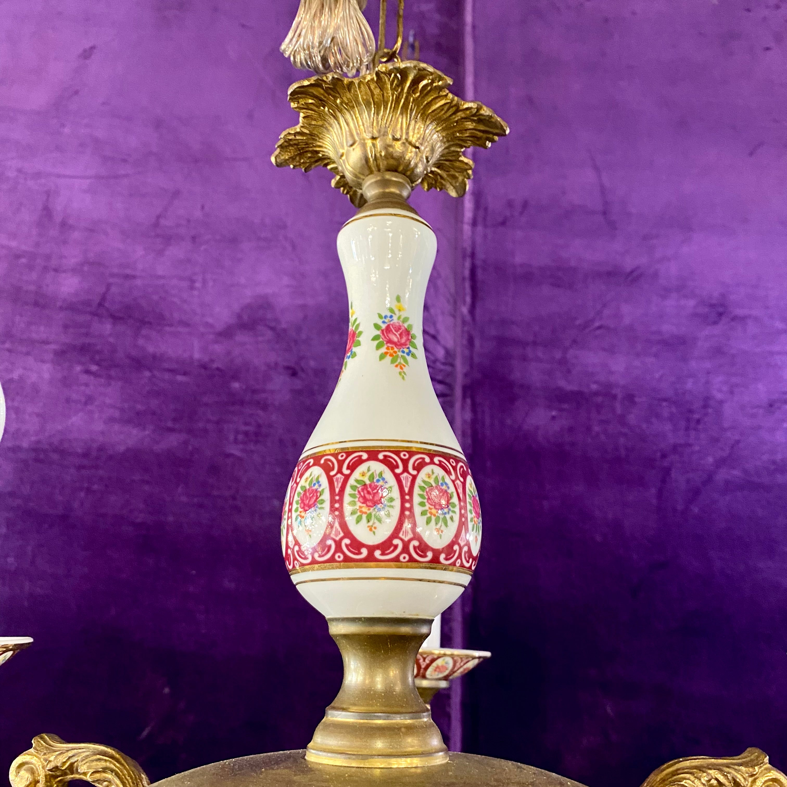 Antique Porcelain Chandelier with Burgundy Details- SOLD