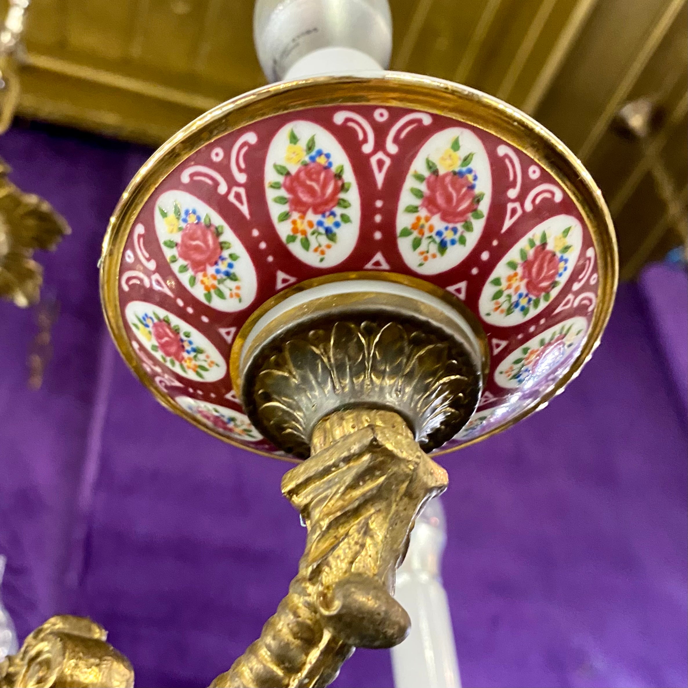 Antique Porcelain Chandelier with Burgundy Details- SOLD