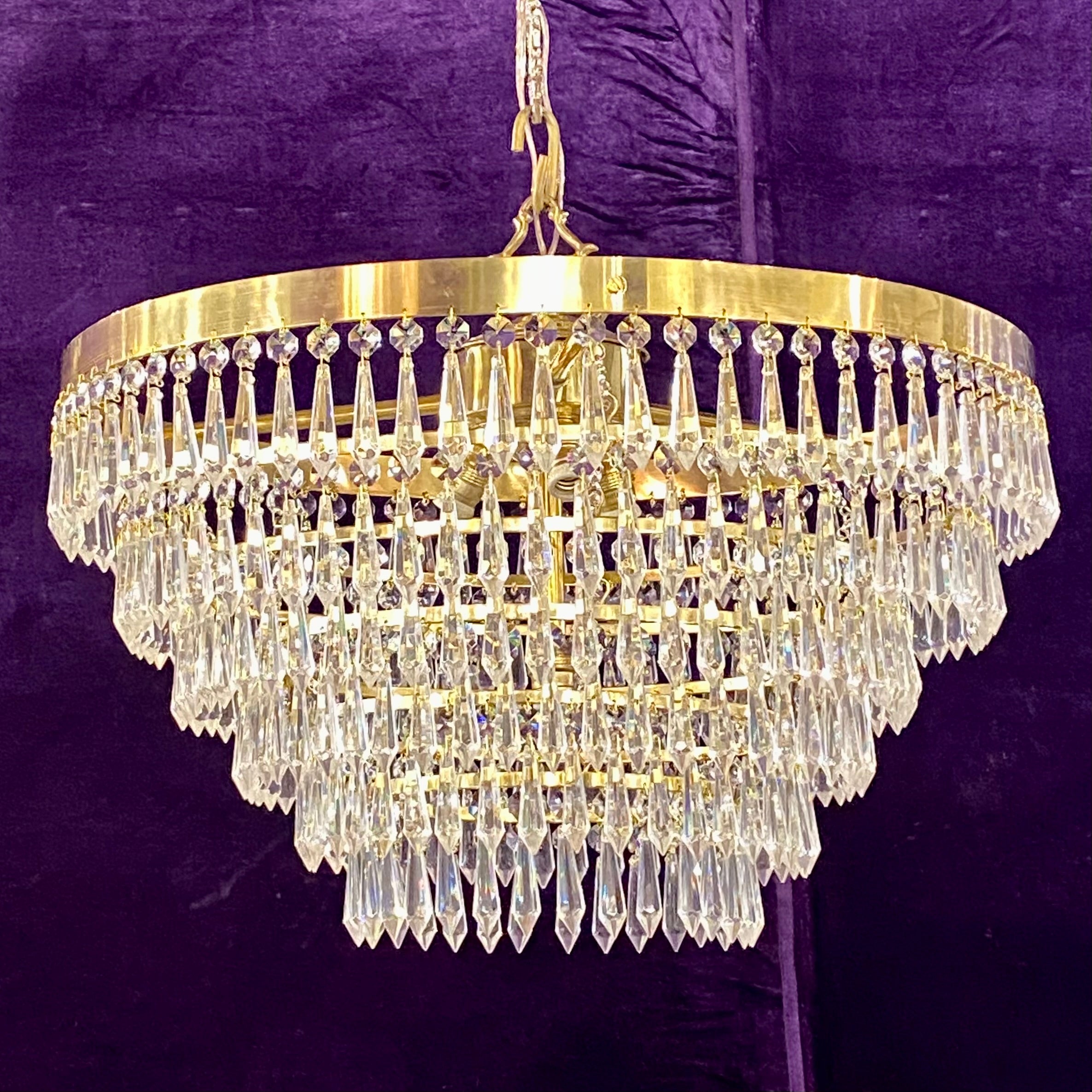 Polished Brass & Crystal Waterfall Chandelier