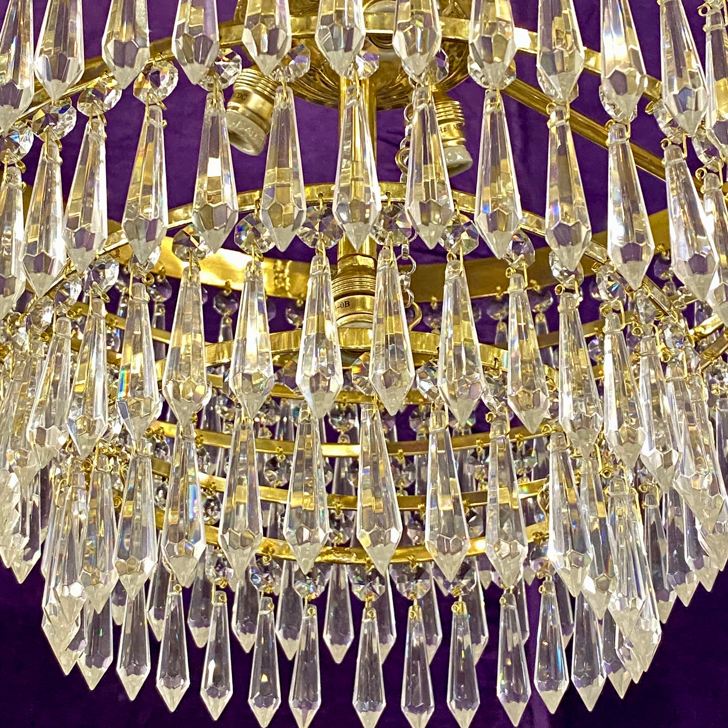 Polished Brass & Crystal Waterfall Chandelier