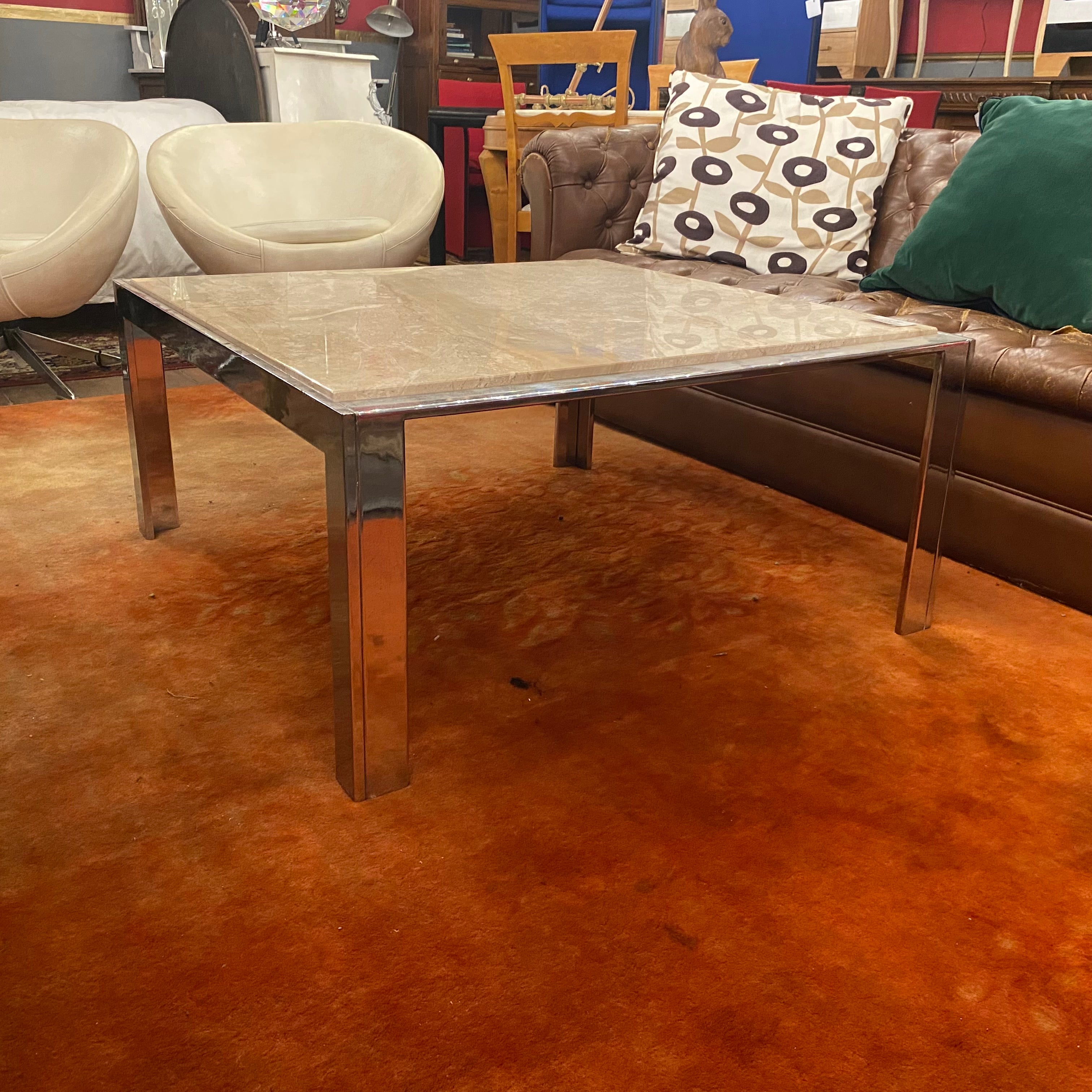 1960's Chrome Coffee Table with Creme Marble Top