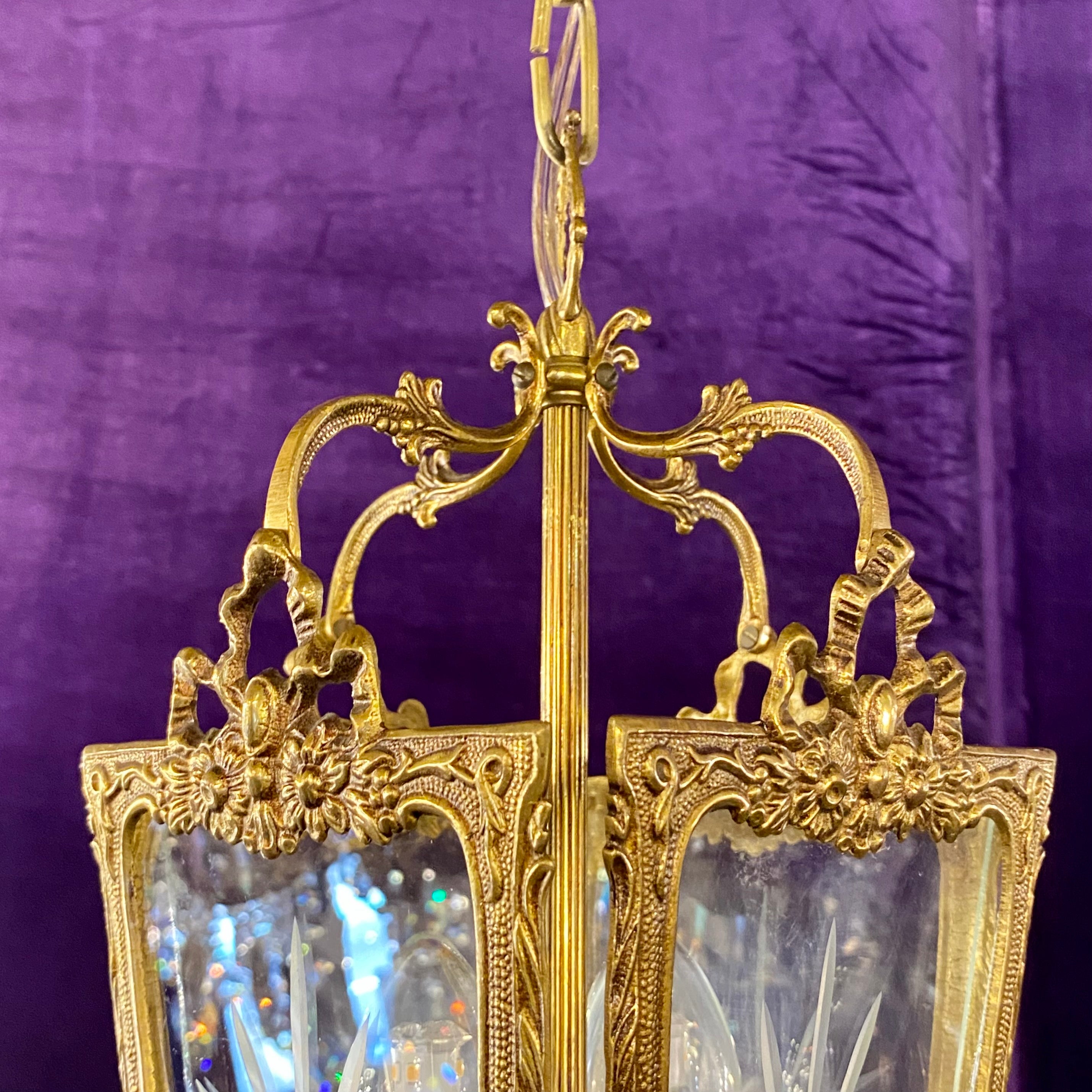 Antique Four Pane Cast Brass Lantern with Etched Glass