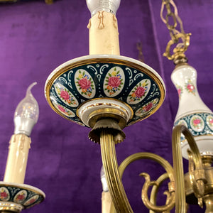 Antique Porcelain and Brass Chandelier