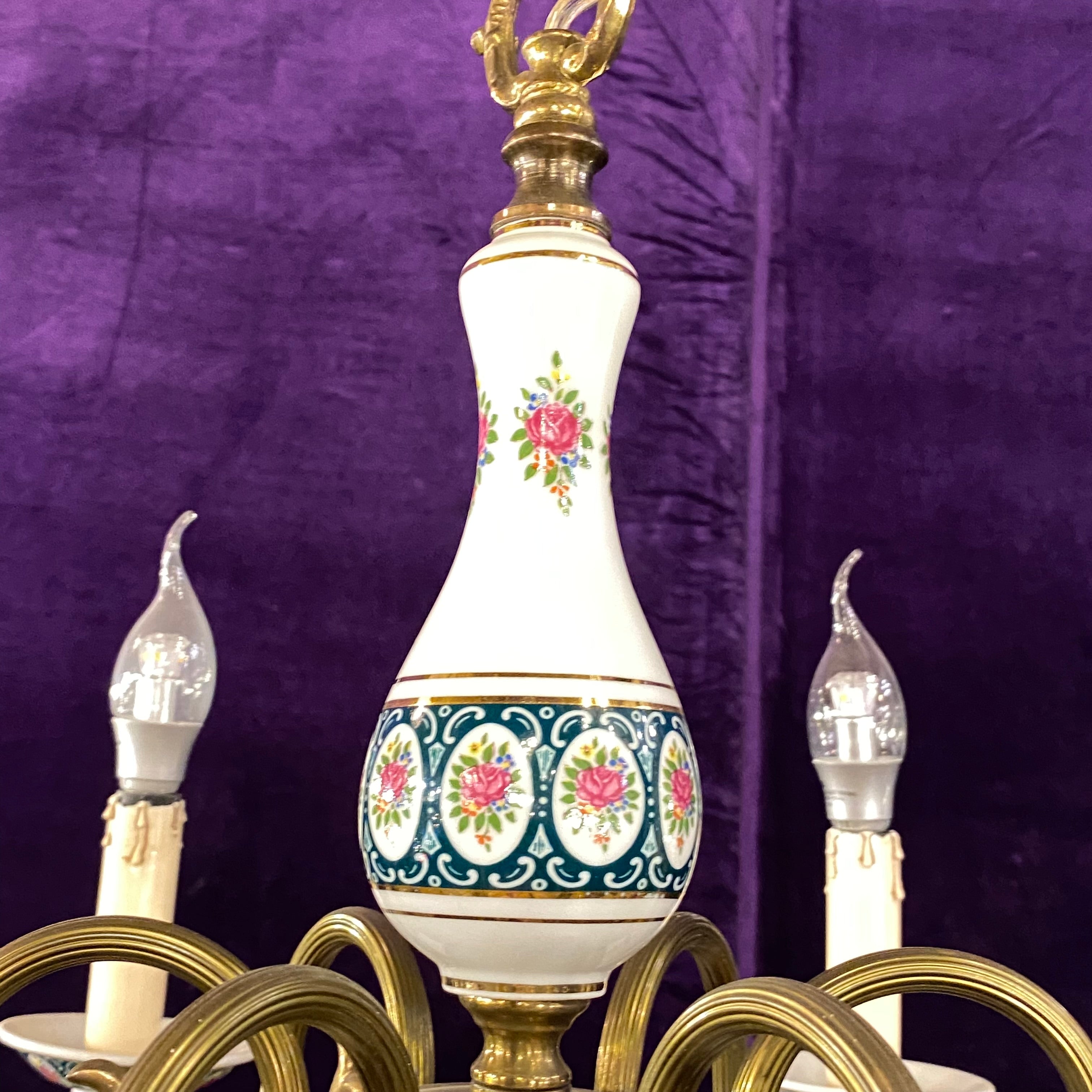 Antique Porcelain and Brass Chandelier