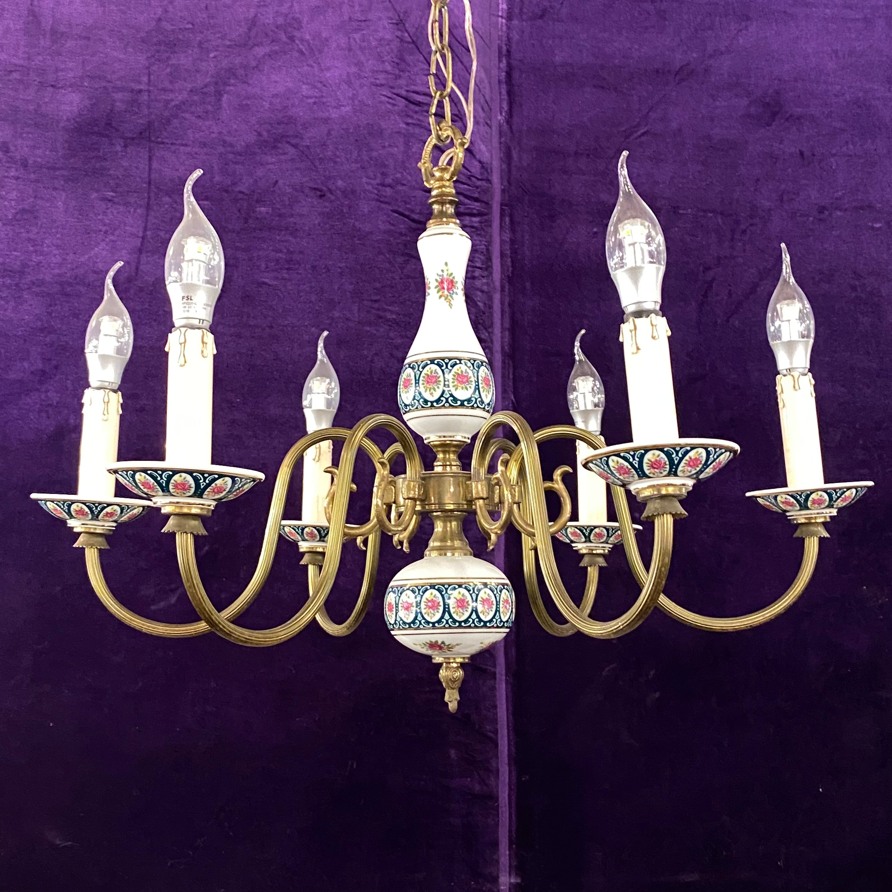 Antique Porcelain and Brass Chandelier