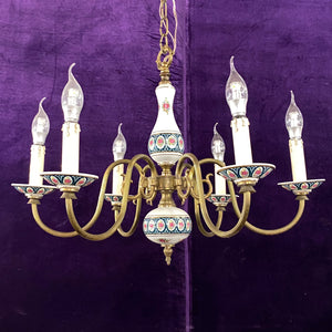 Antique Porcelain and Brass Chandelier