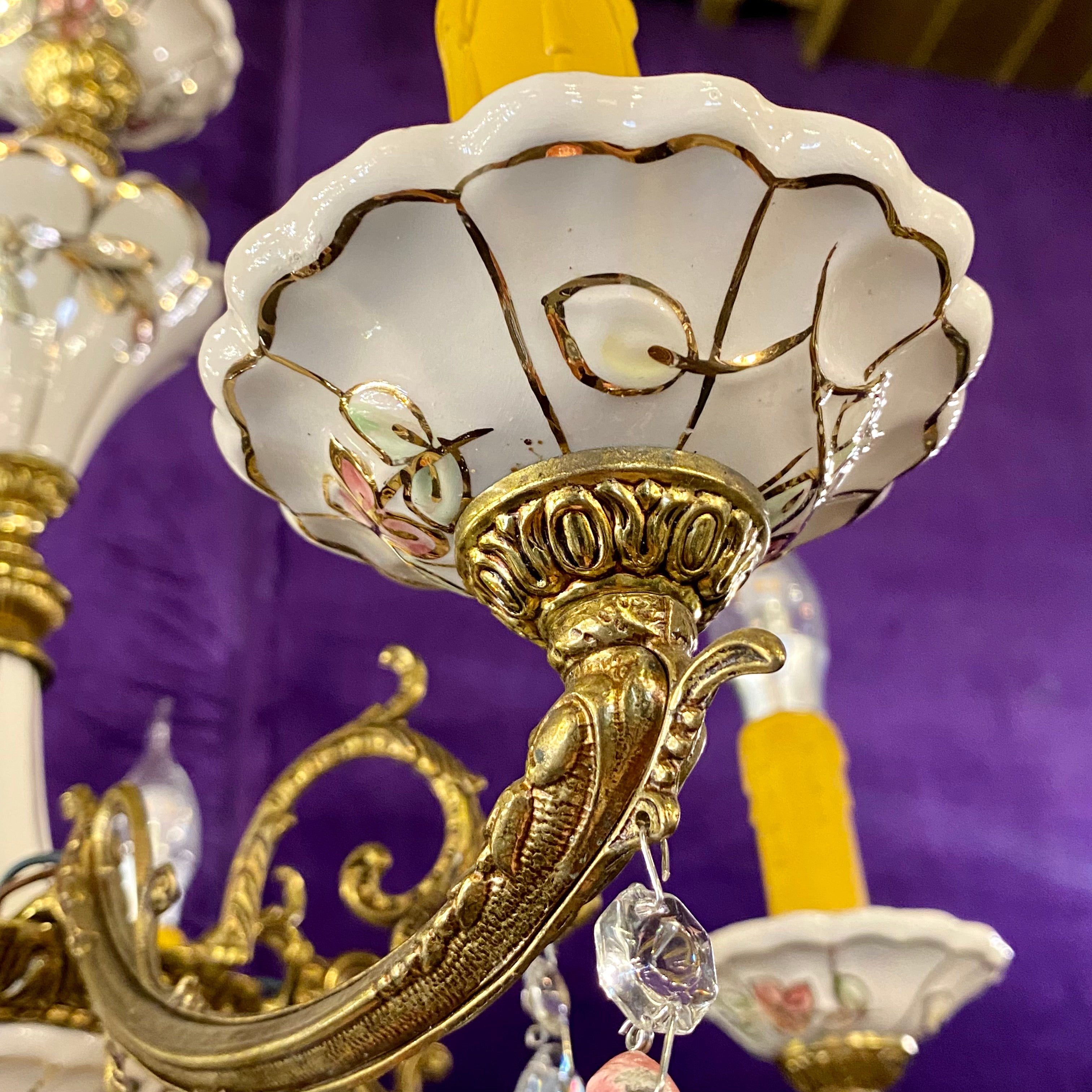 Vintage Capodimonte Chandelier with Gilt Brass Frame