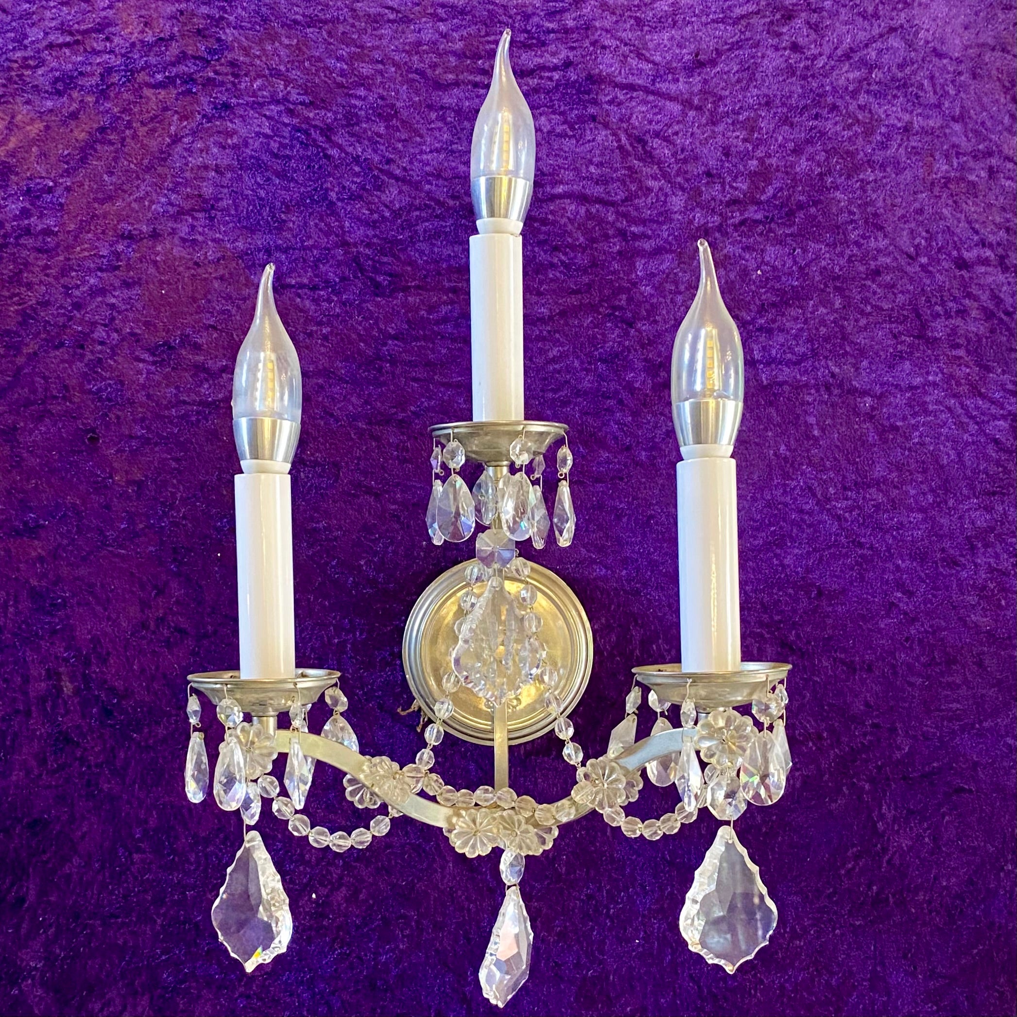 Pair Three Arm Antique Silver and Crystal Wall Sconces - SOLD