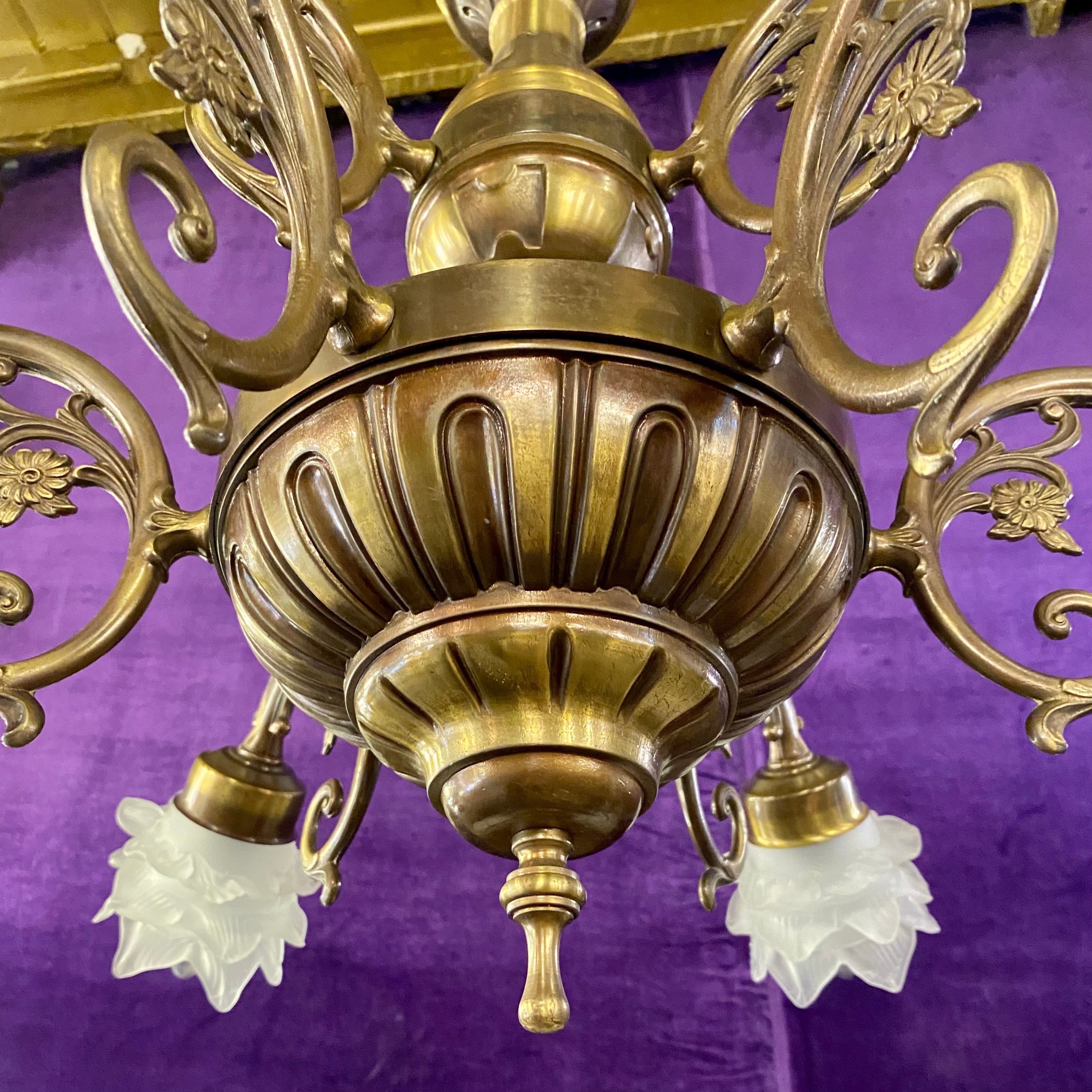 Antique Double Tier Brass Chandelier with Frosted Glass Shades