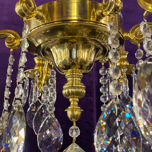 Heavy Polished Brass Chandelier with Tear Drop Crystals