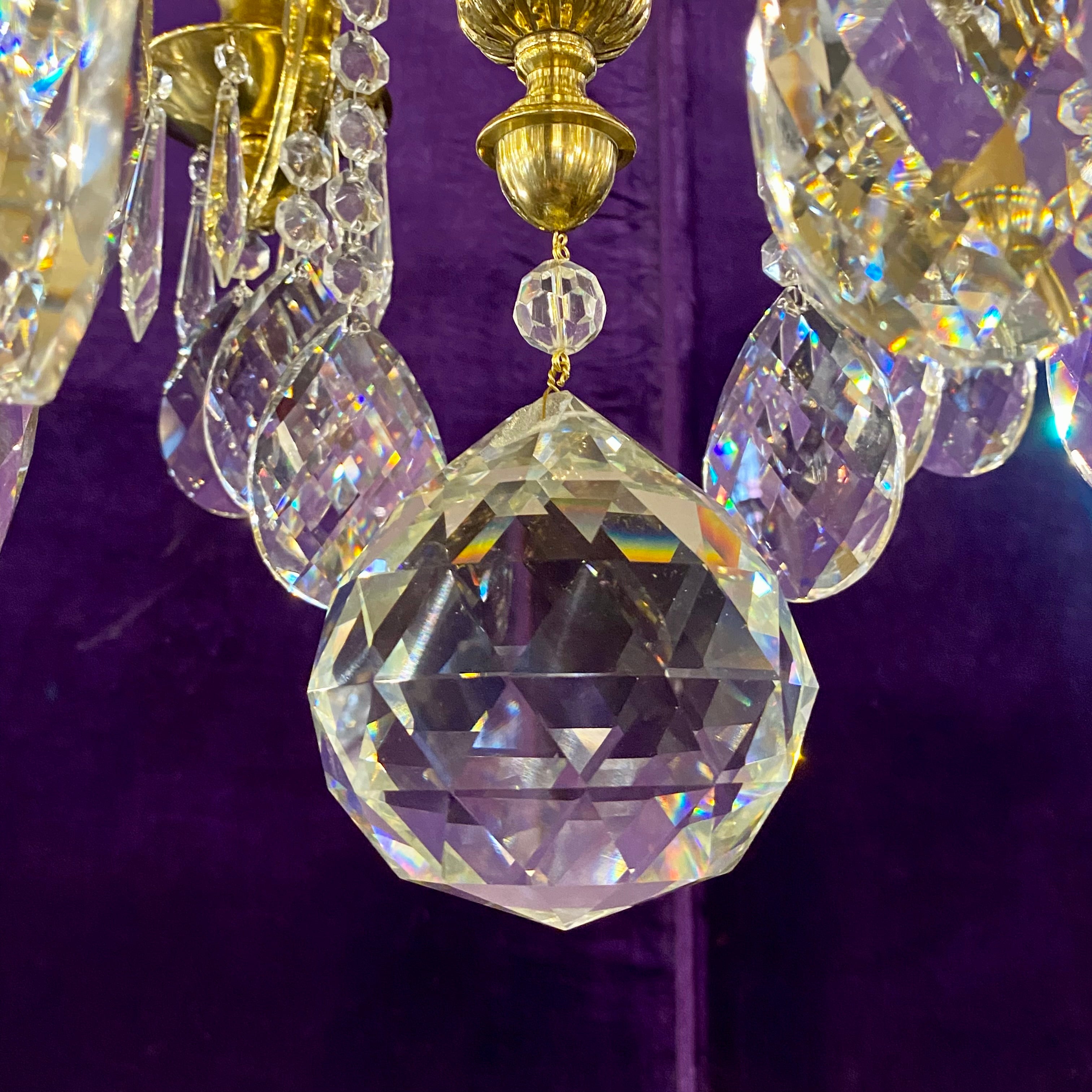 Heavy Polished Brass Chandelier with Tear Drop Crystals