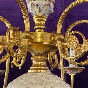 Unusual Porcelain Chandelier with Hand Painted Cherubs