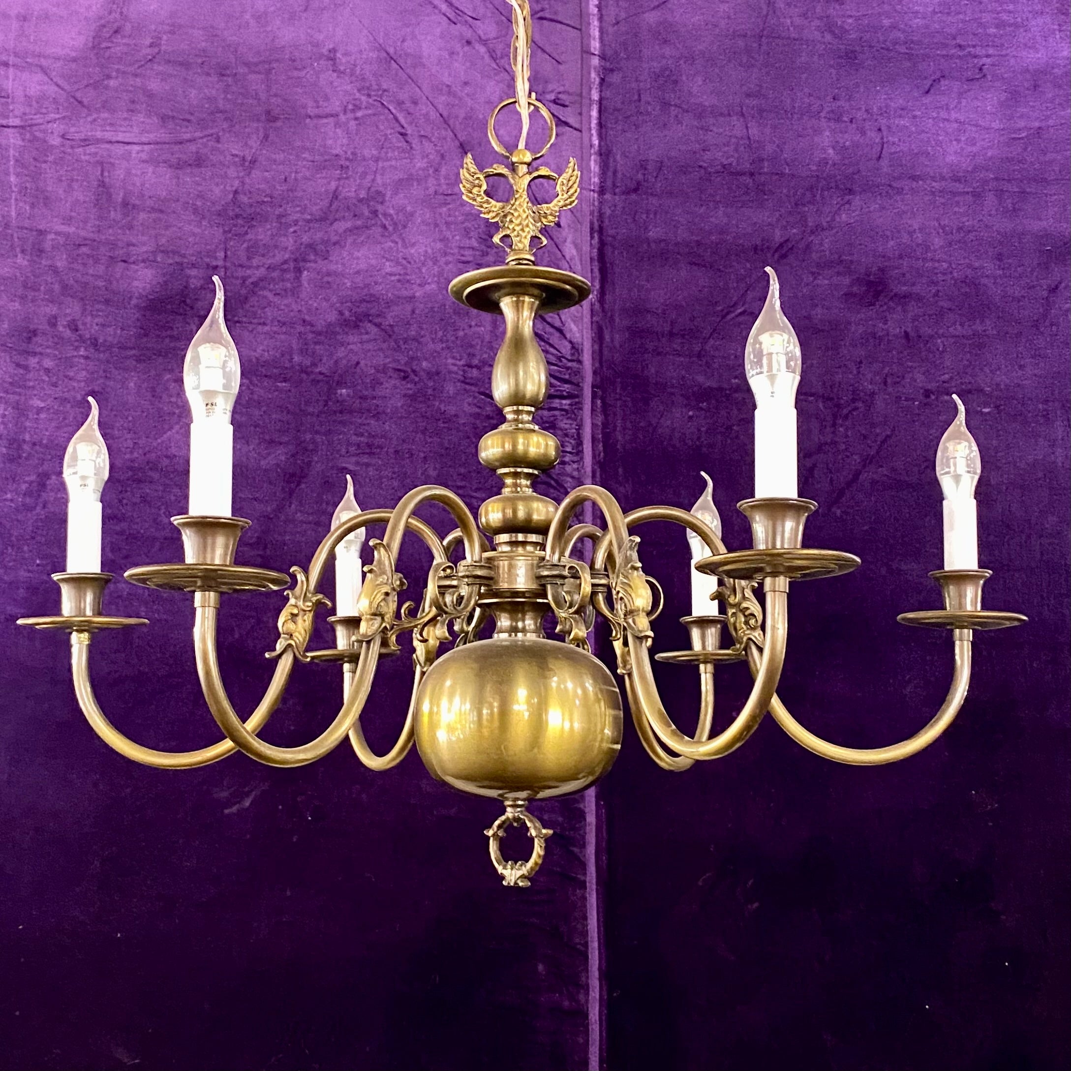 Pretty Antique Aged Brass Flemish Chandelier - SOLD