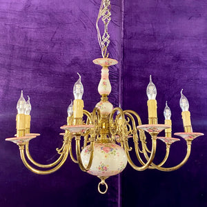 Large & Elegant Pink Delft Chandelier