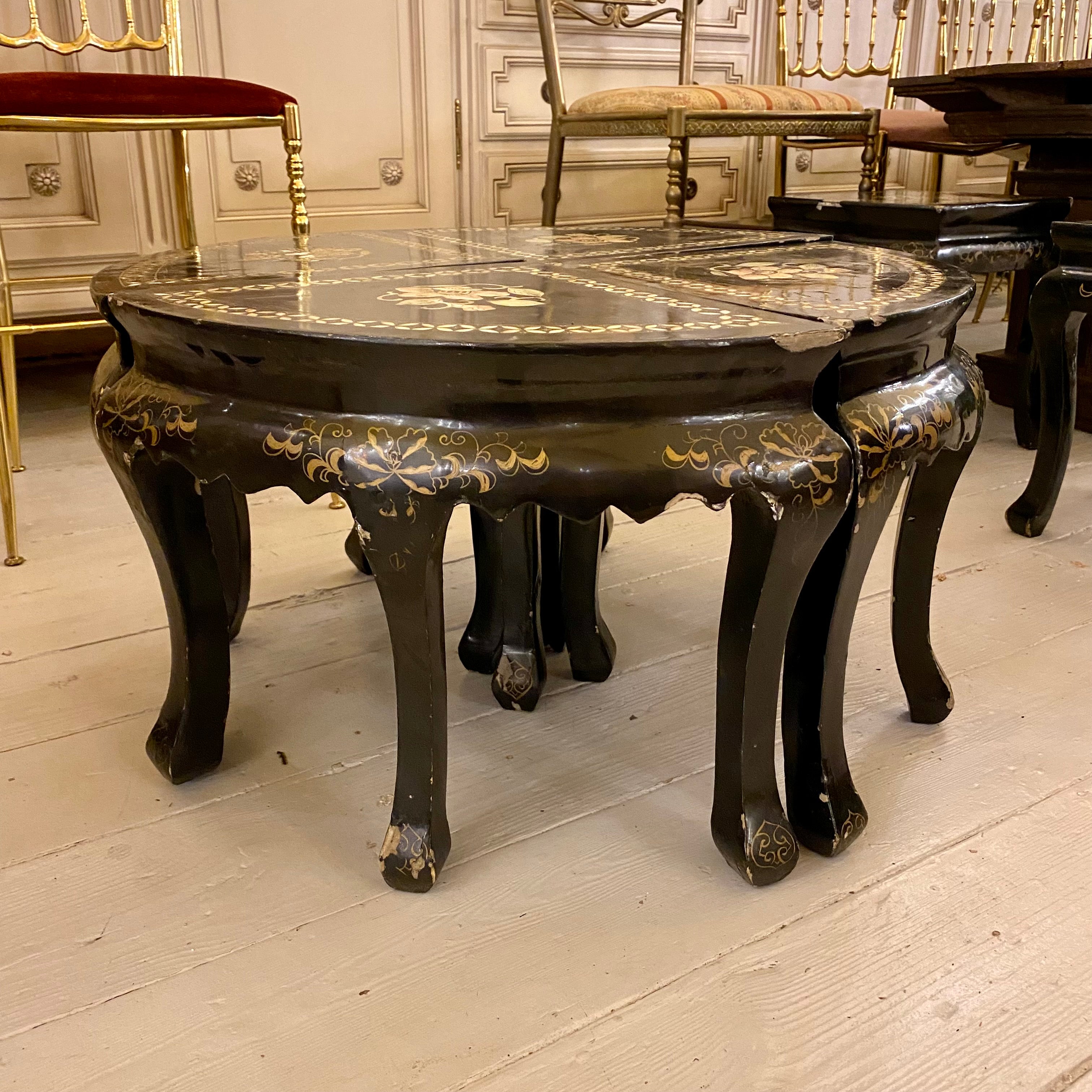 Precious Hand Painted Japanese Side Tables with Mother of Pearl Inlay