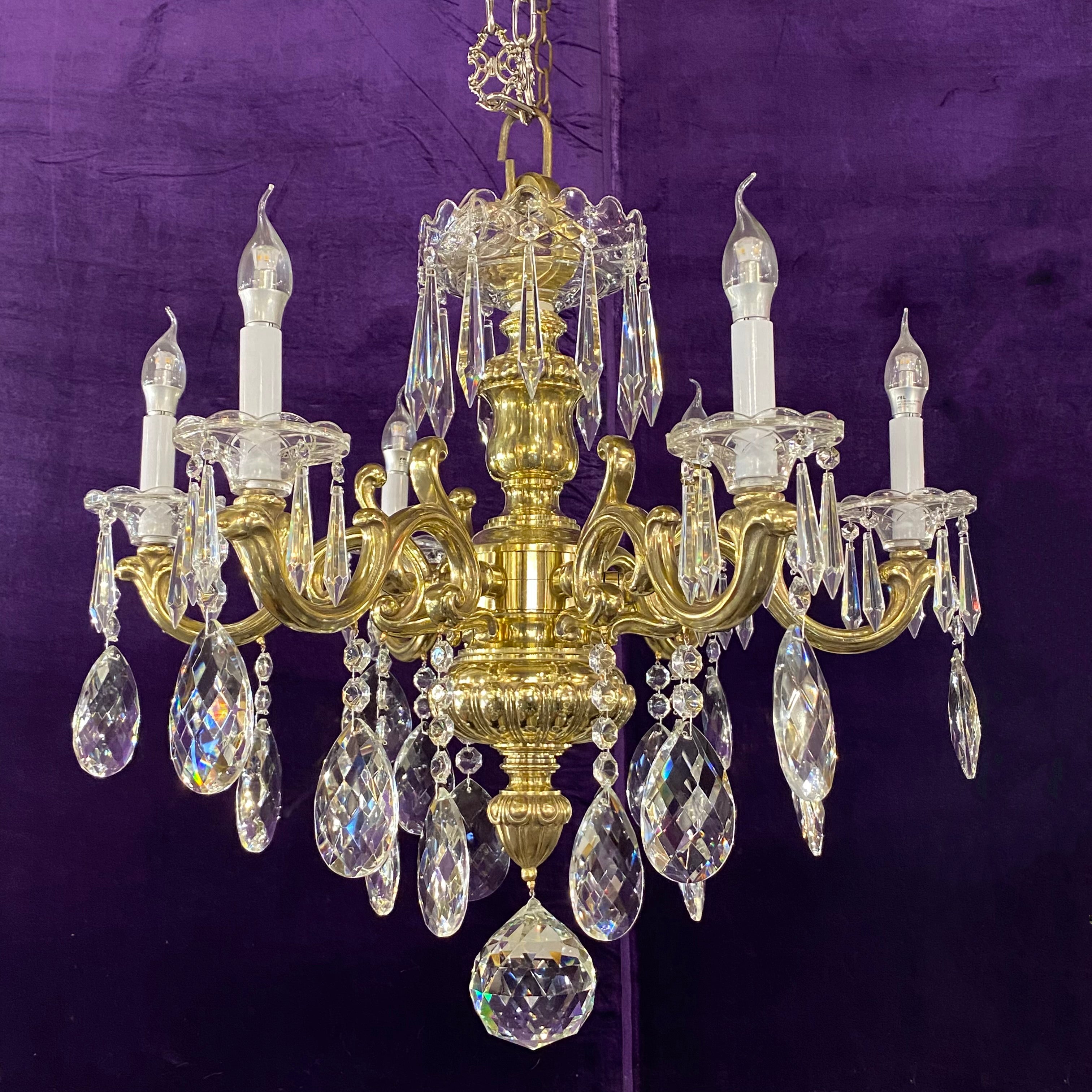 Heavy Polished Brass  Crystal Chandelier