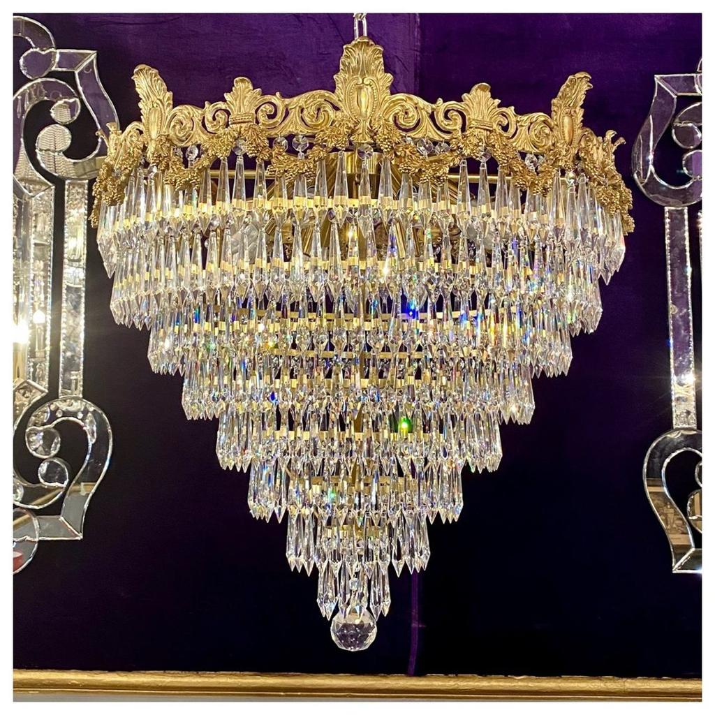 Heavy Cast Brass & Crystal Waterfall Chandelier