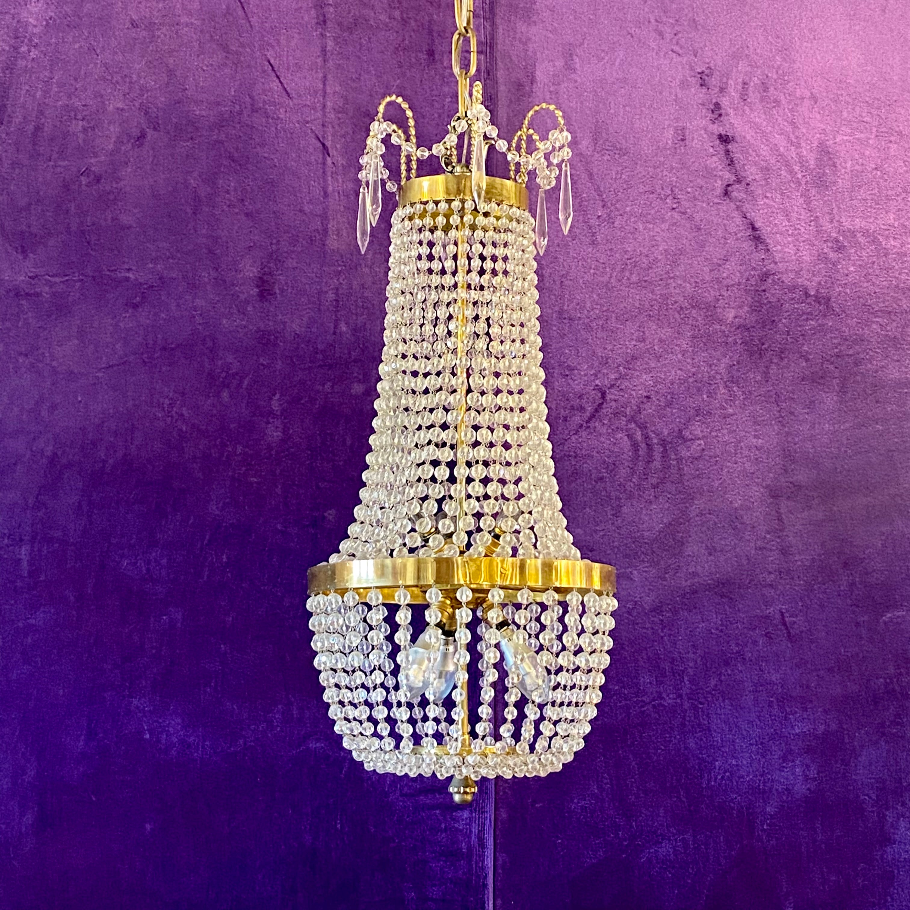 Hand Made Brass and Crystal Neoclassical Chandelier with Twisted Details