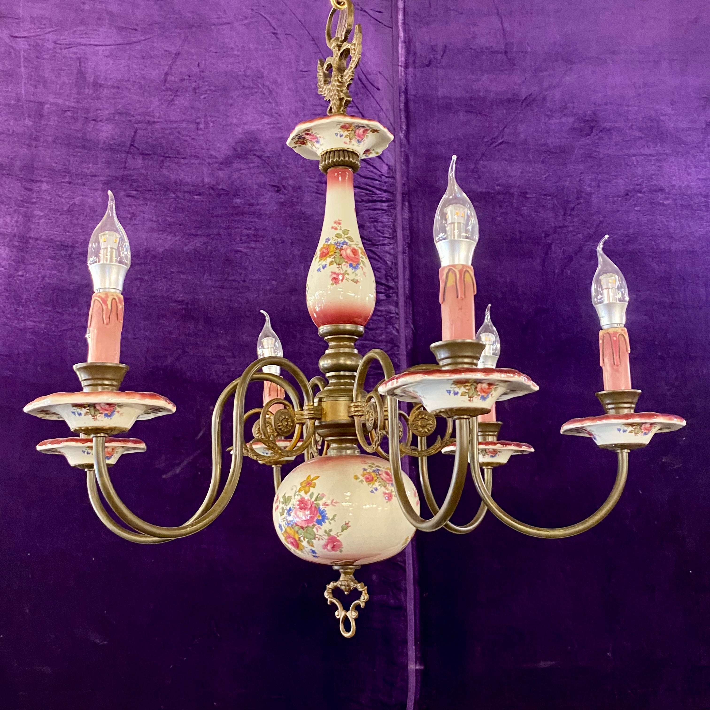 Vintage Pink Delft Chandelier with Aged Brass Frame