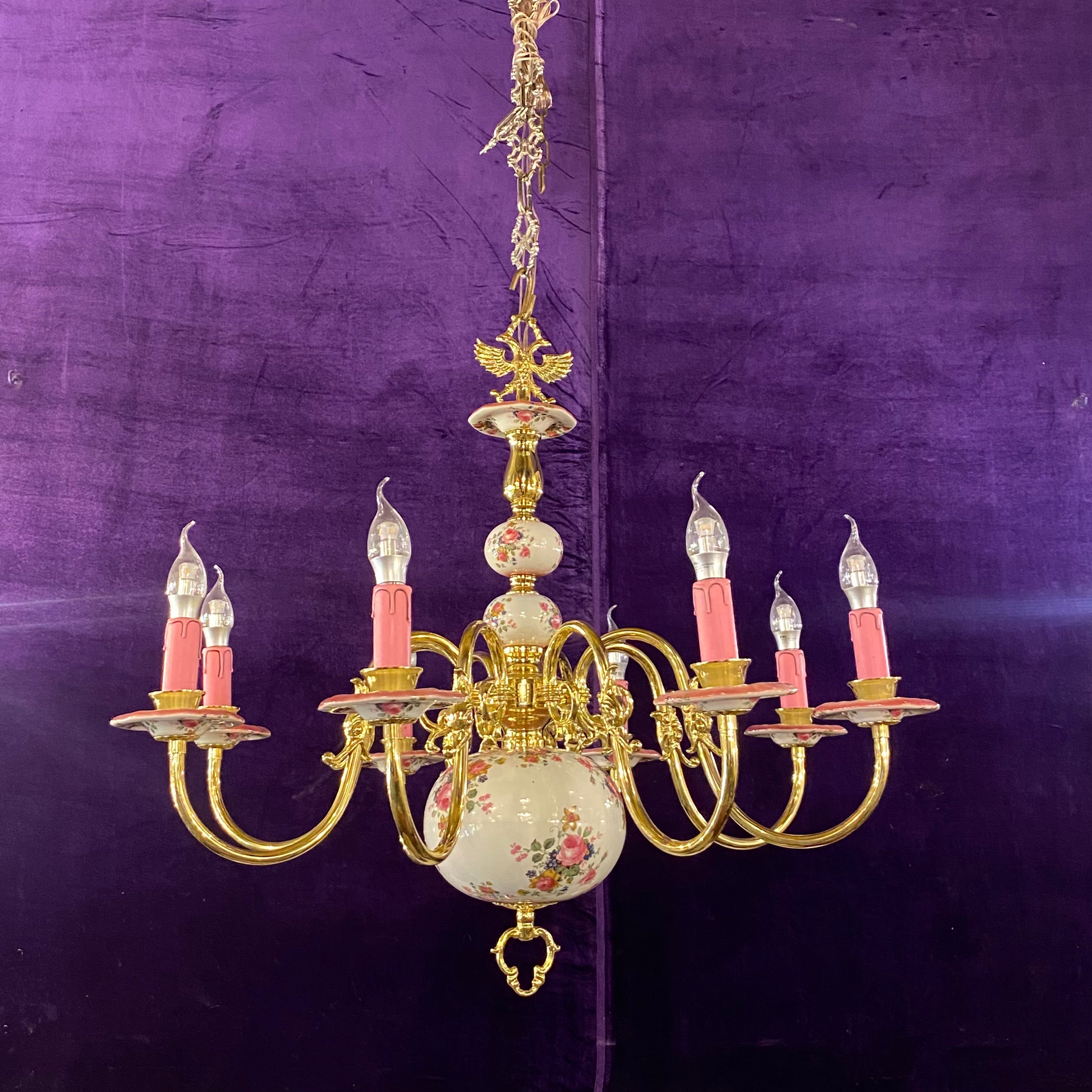 Elegant White Delft Chandelier with Pink Accents