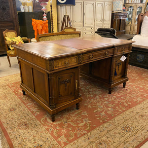 Antique Edwardian Walnut Partner's Desk with Tooled Leather Top