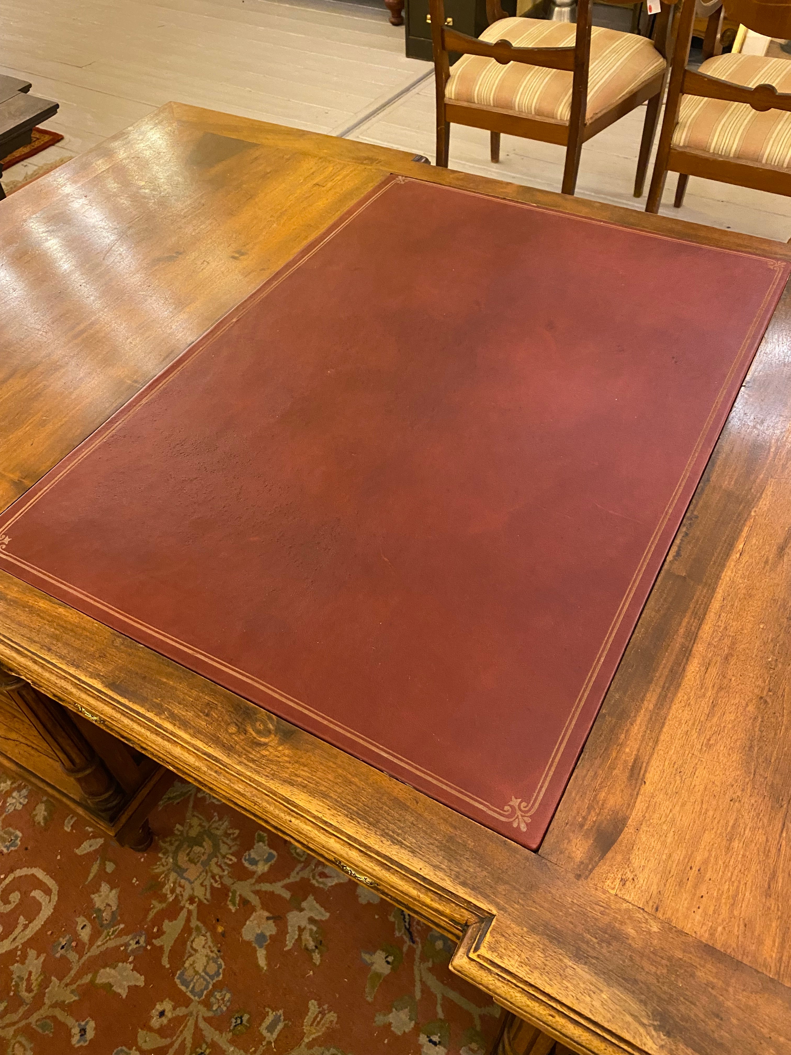 Antique Edwardian Walnut Partner's Desk with Tooled Leather Top