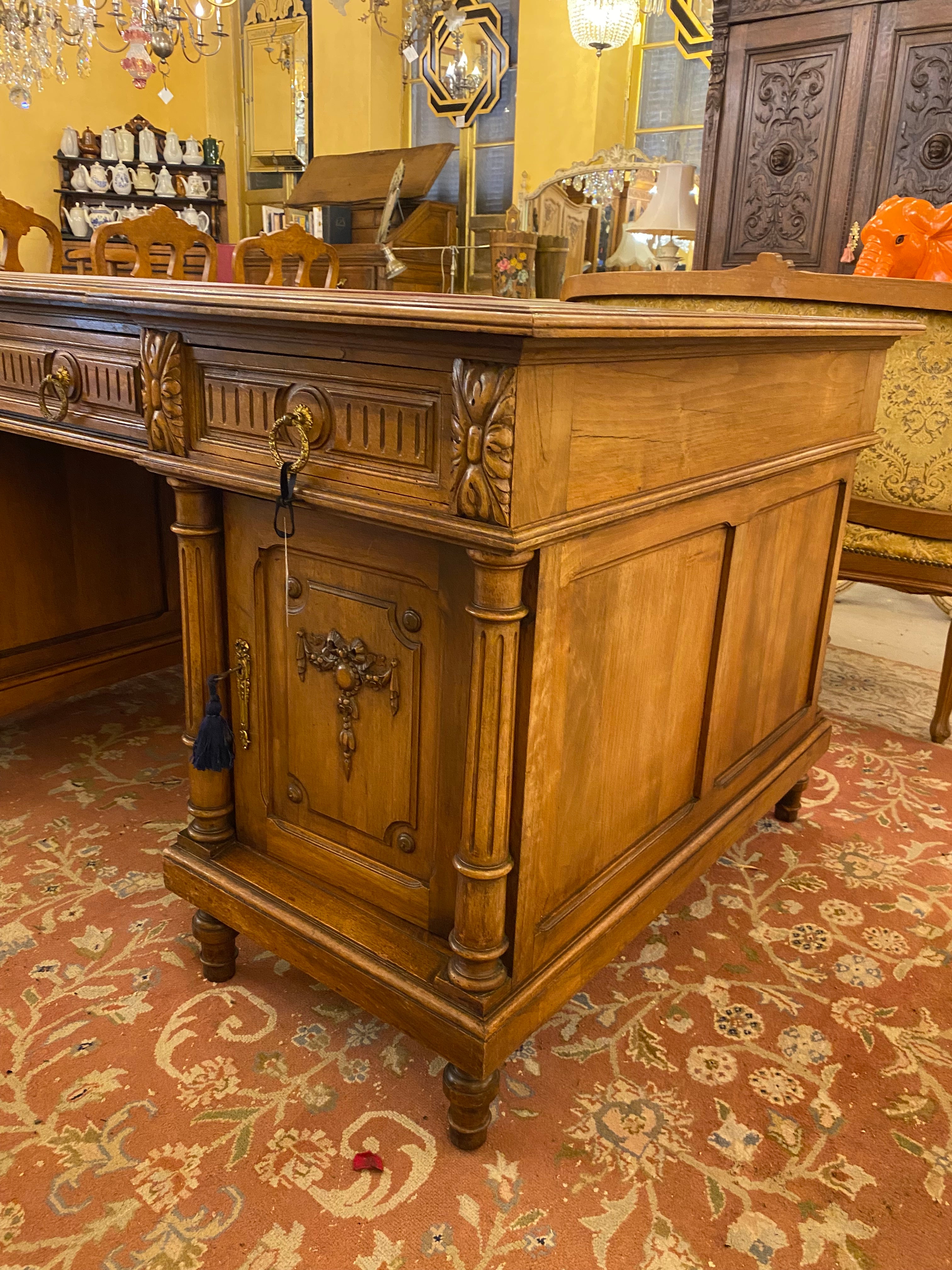 Antique Edwardian Walnut Partner's Desk with Tooled Leather Top