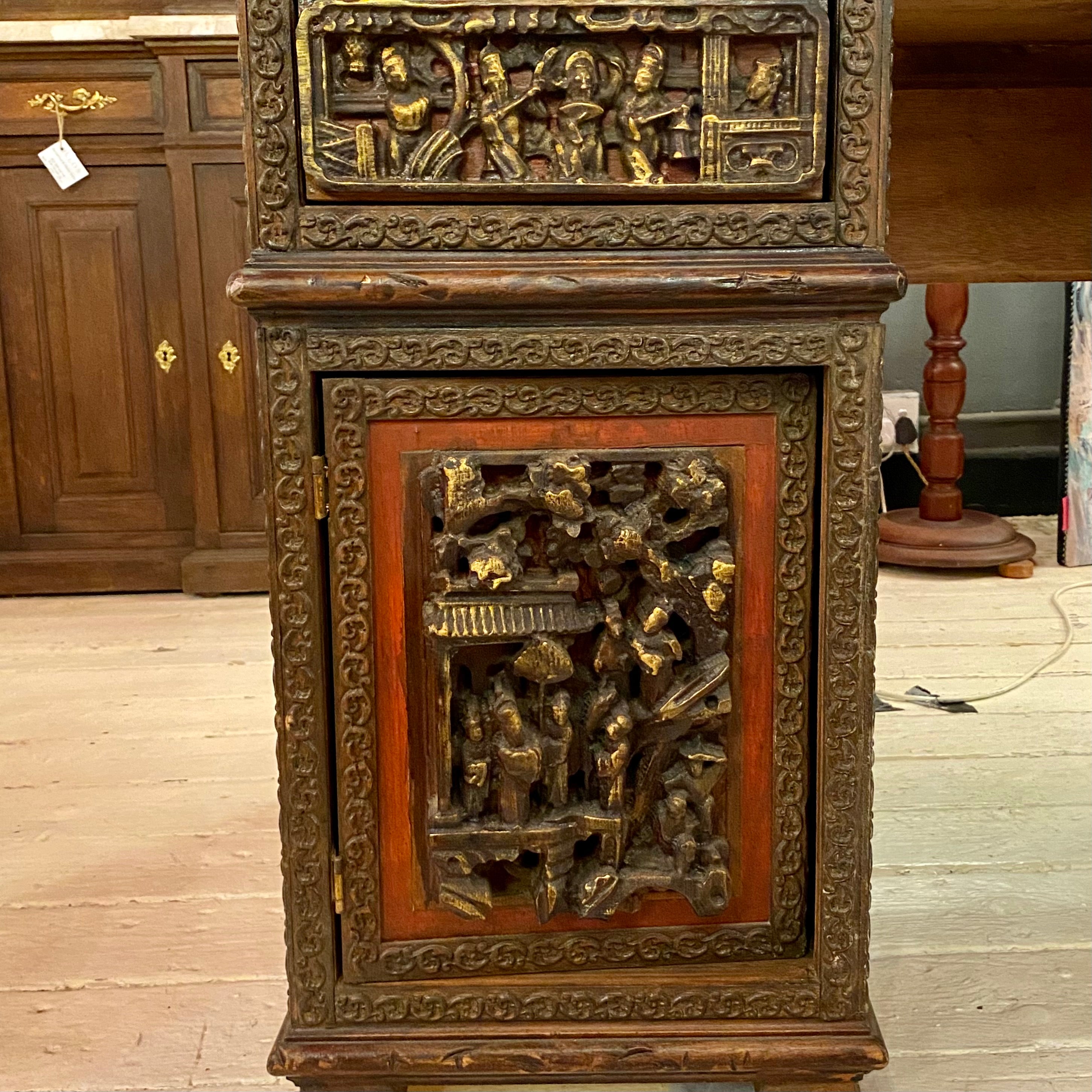 Carved Wood Indonesian Partners Desk with Beveled Glass Top