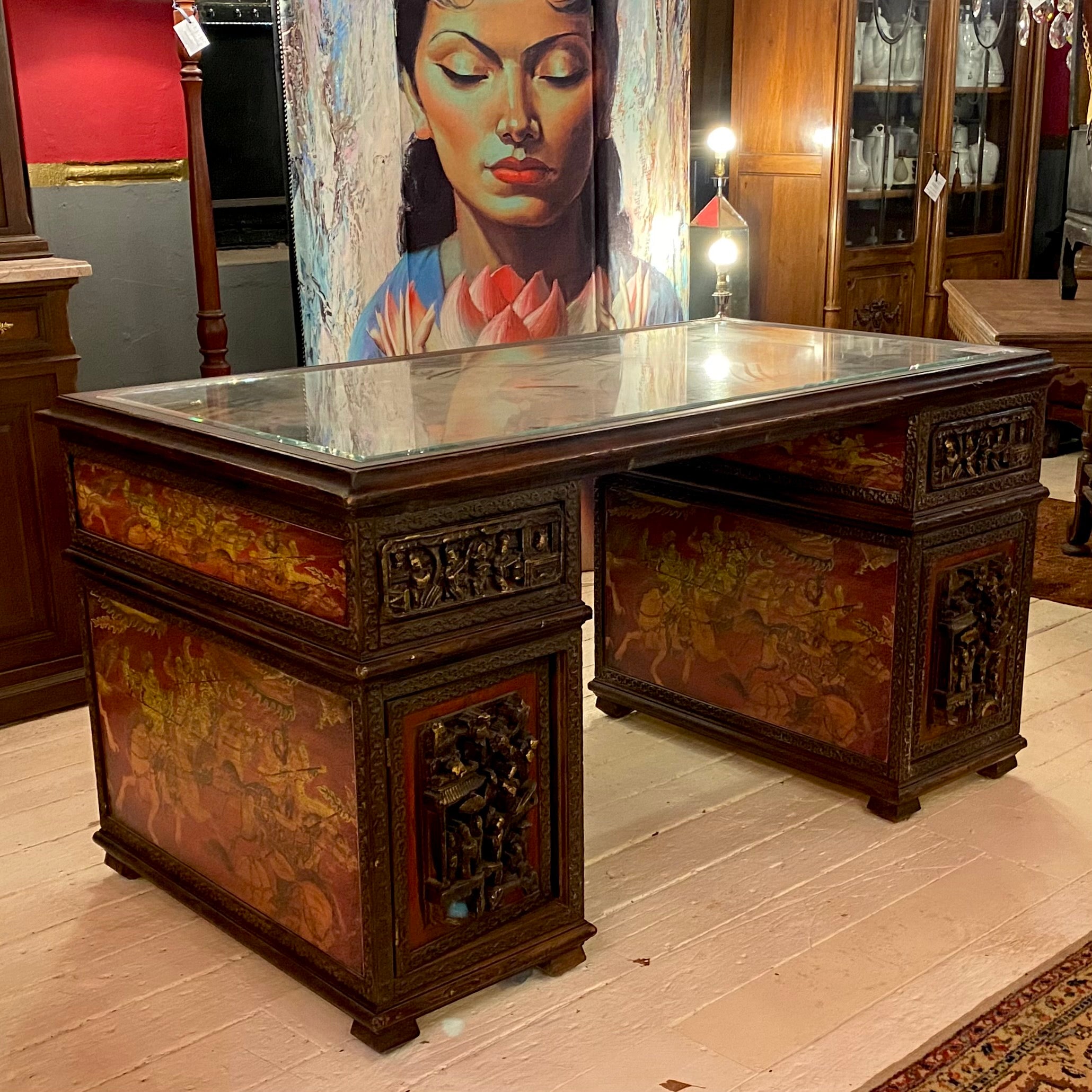 Carved Wood Indonesian Partners Desk with Beveled Glass Top