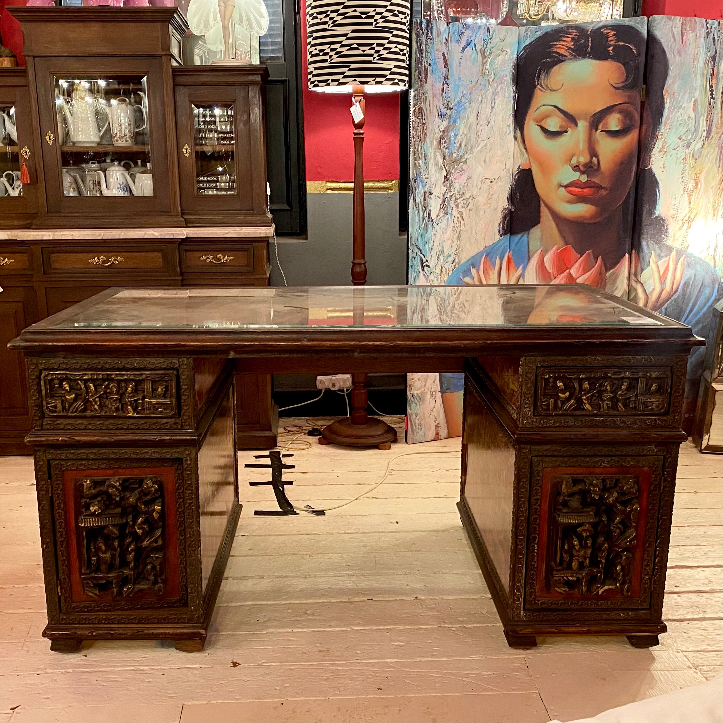 Carved Wood Indonesian Partners Desk with Beveled Glass Top