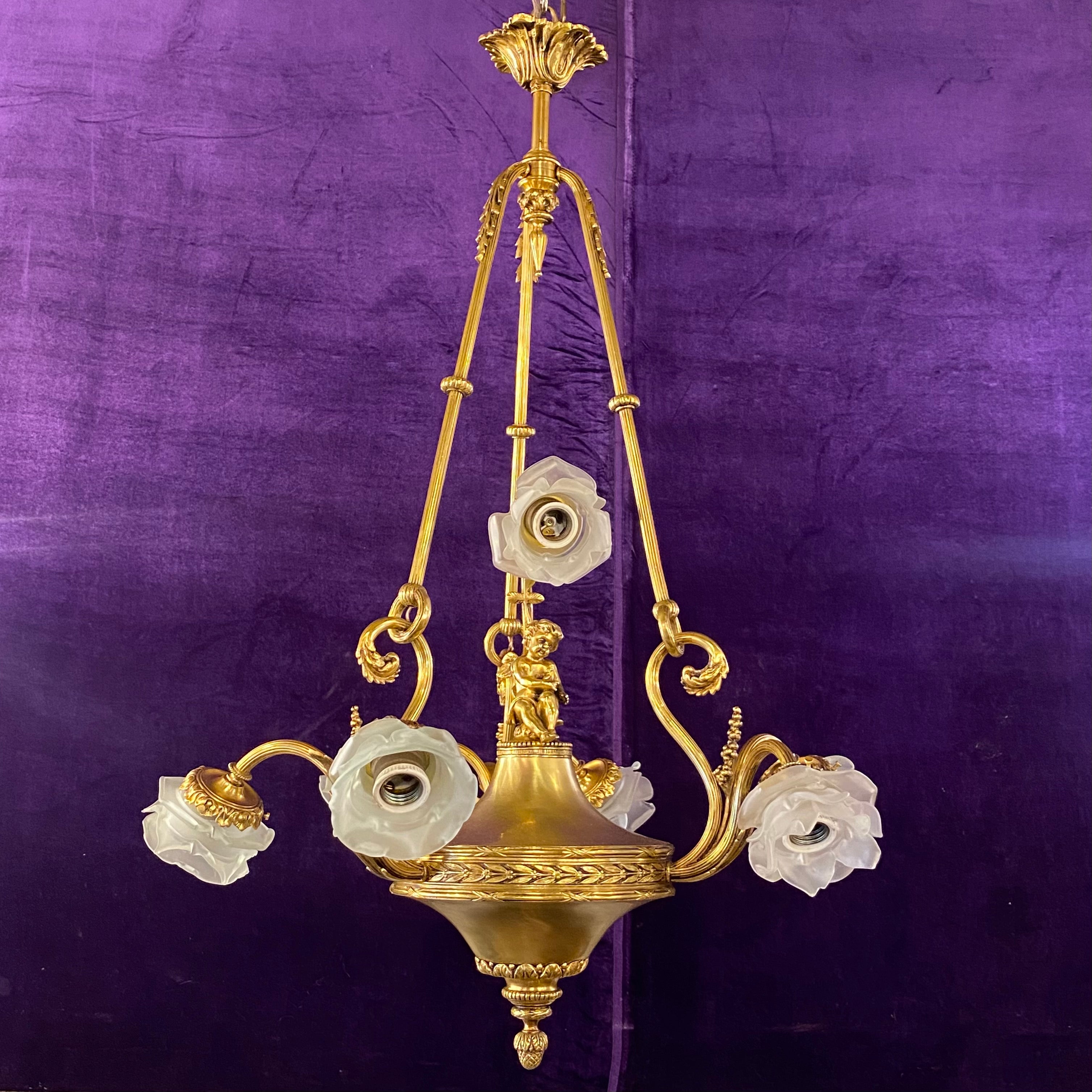 Exquisite and Rare French Romantic Brass Chandelier