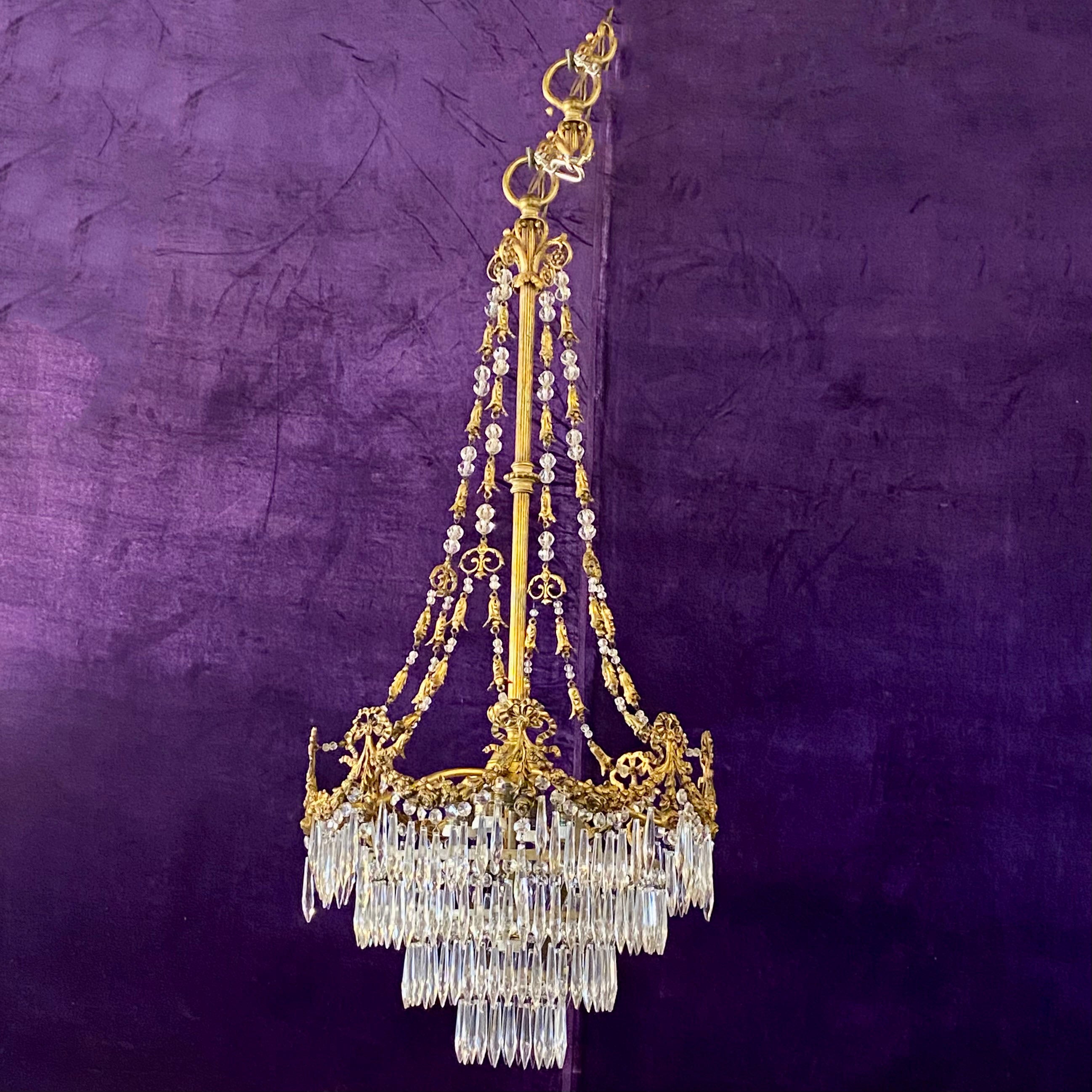 Stunning Empire Era Gilt Brass and Crystal Chandelier