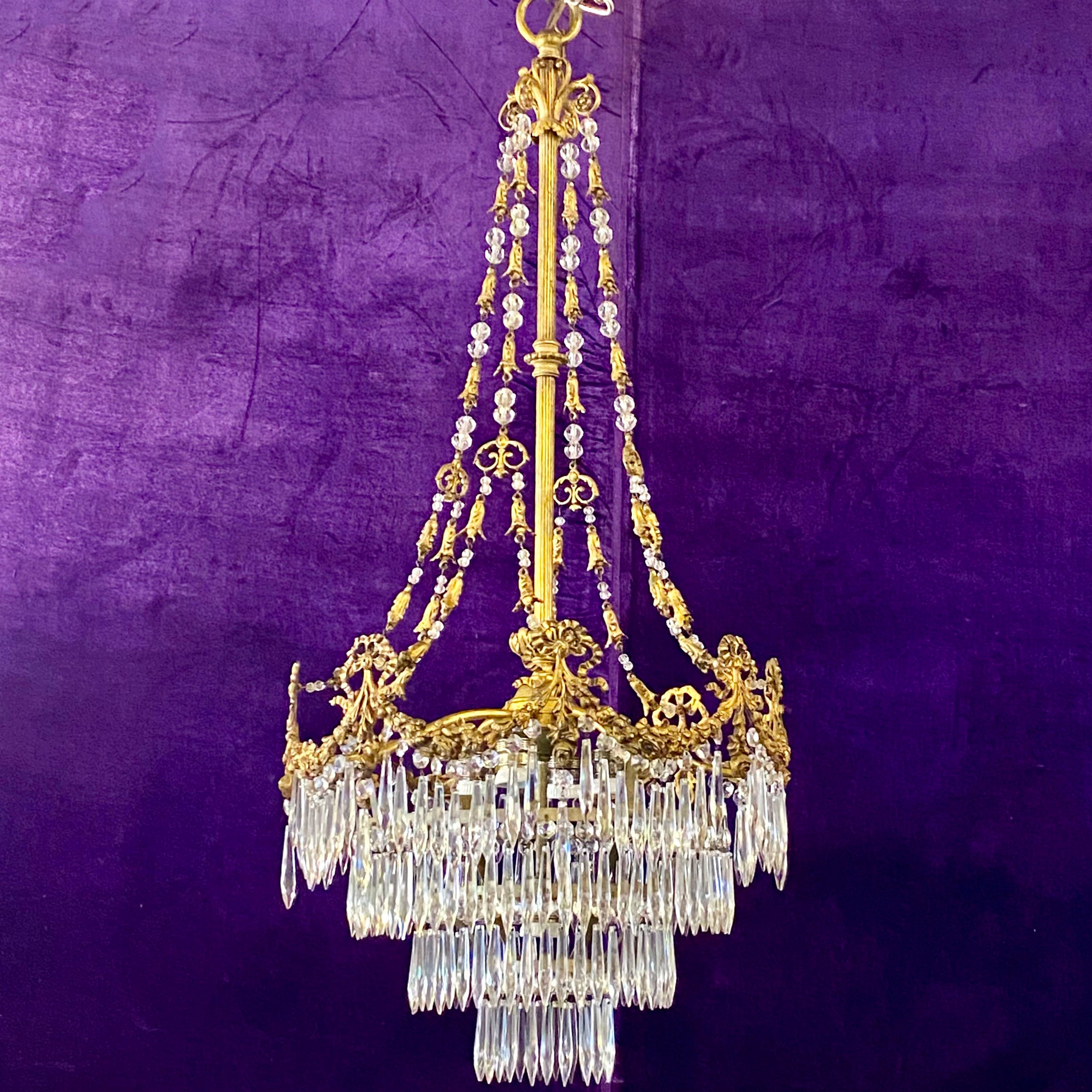 Stunning Empire Era Gilt Brass and Crystal Chandelier