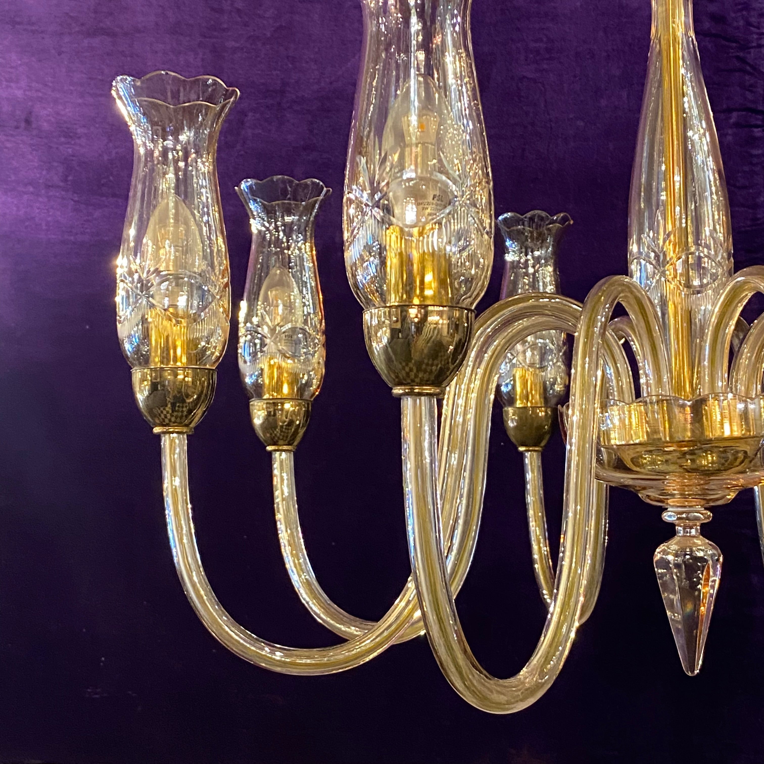 Antique Venetian Chandelier with Etched Shades