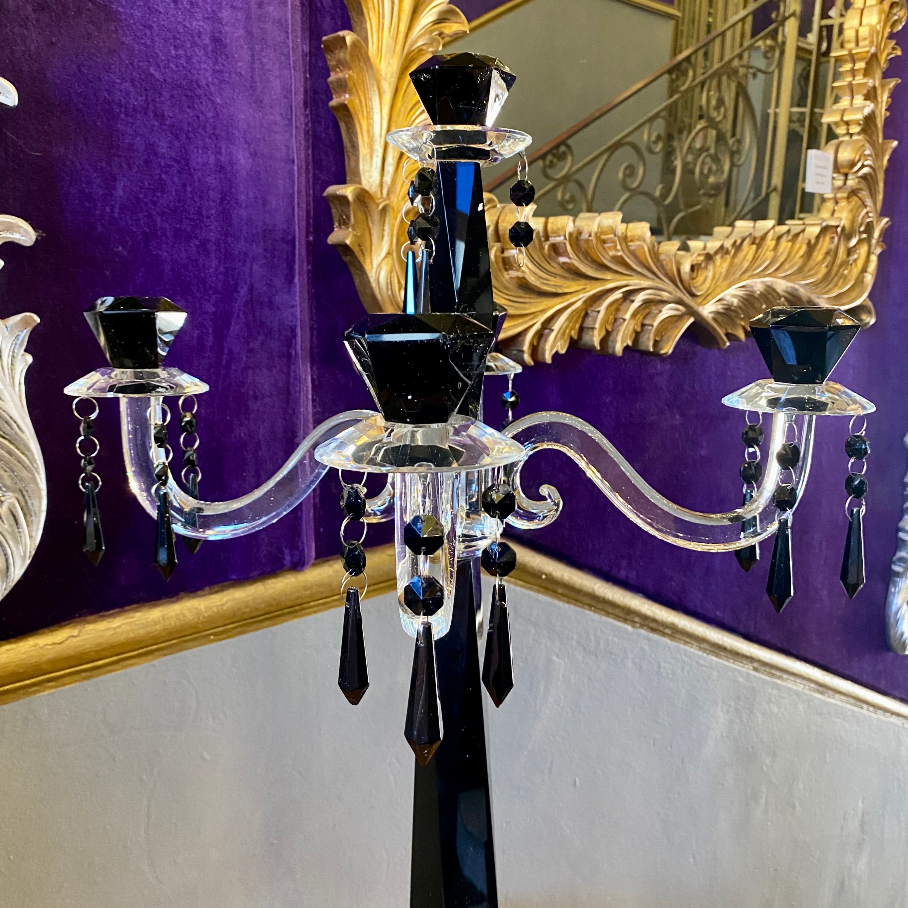 Heavy Black & Clear Cut Glass Candelabras