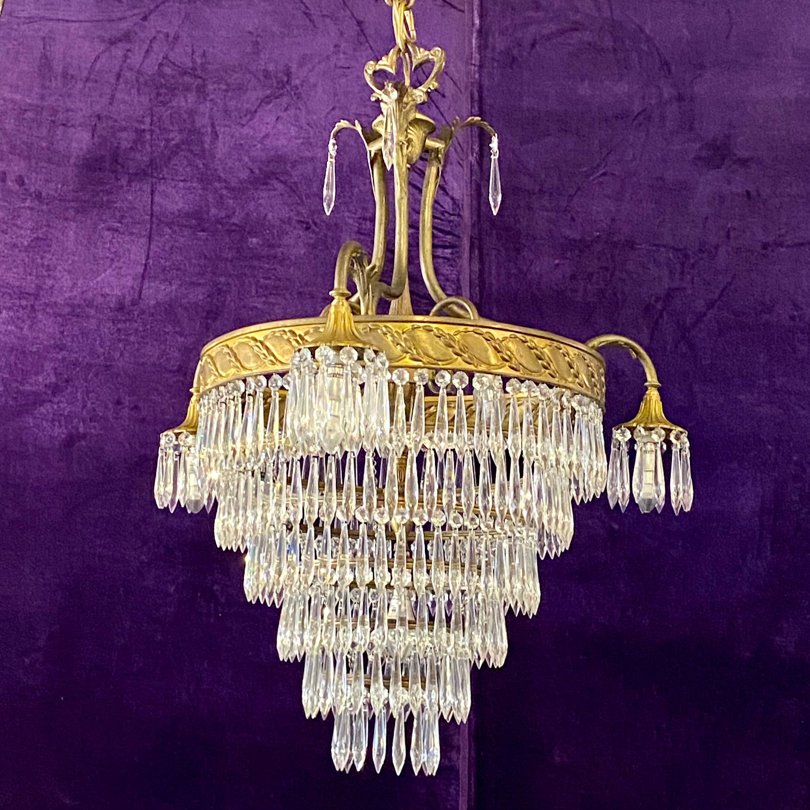 Antique Brass and Crystal Waterfall Chandelier