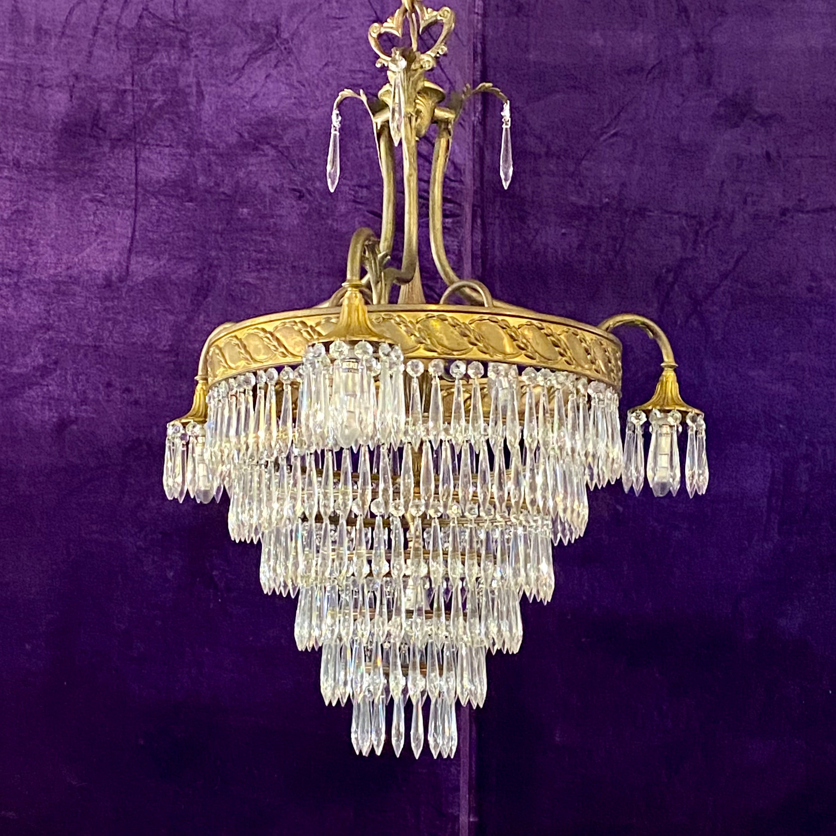 Antique Brass and Crystal Waterfall Chandelier