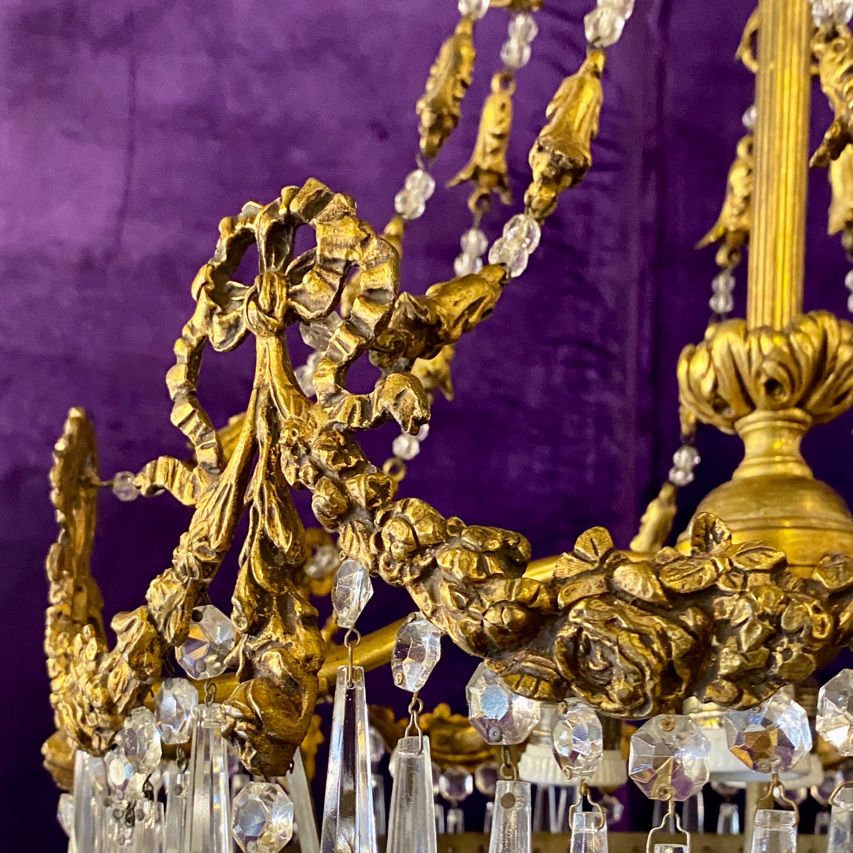 Stunning Empire Era Gilt Brass and Crystal Chandelier