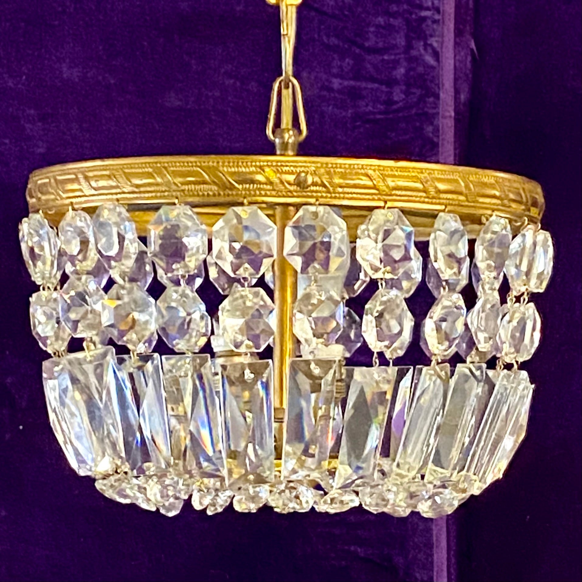 Gilt Metal and Crystal Flush Mounted Chandelier - SOLD